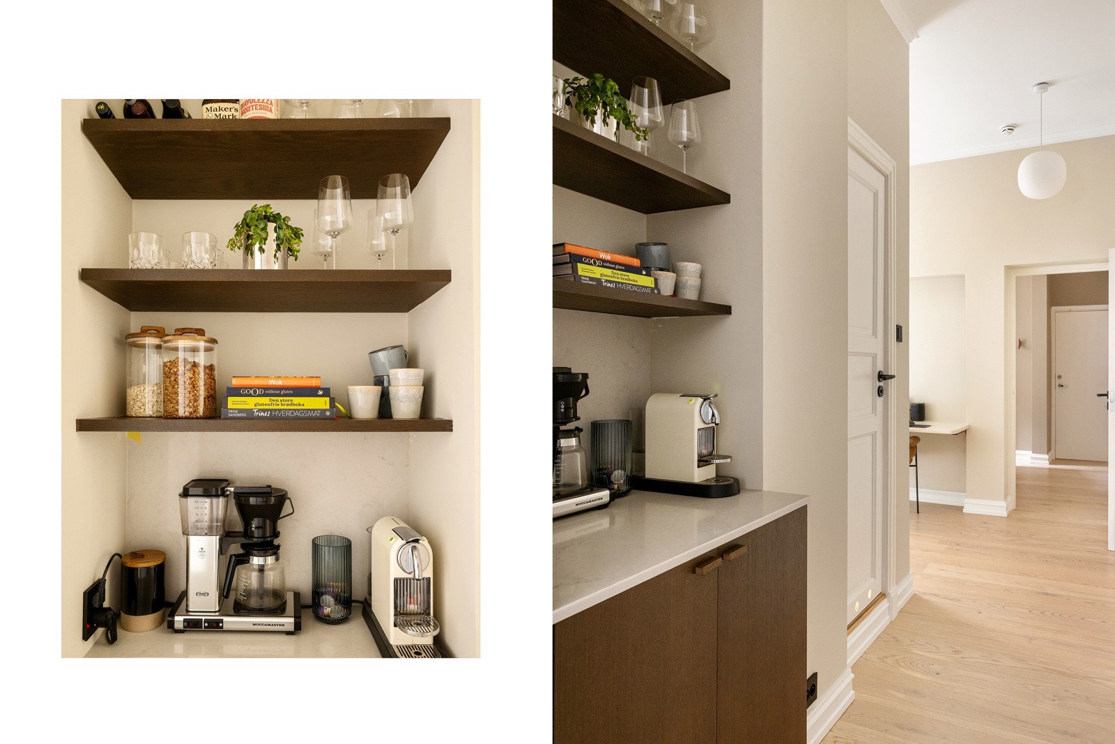 Ved siden av kjøkkenet er det en anretning med tilpassete hylle løsninger og benkeskap, perfekt som kaffestasjon Galleribilde