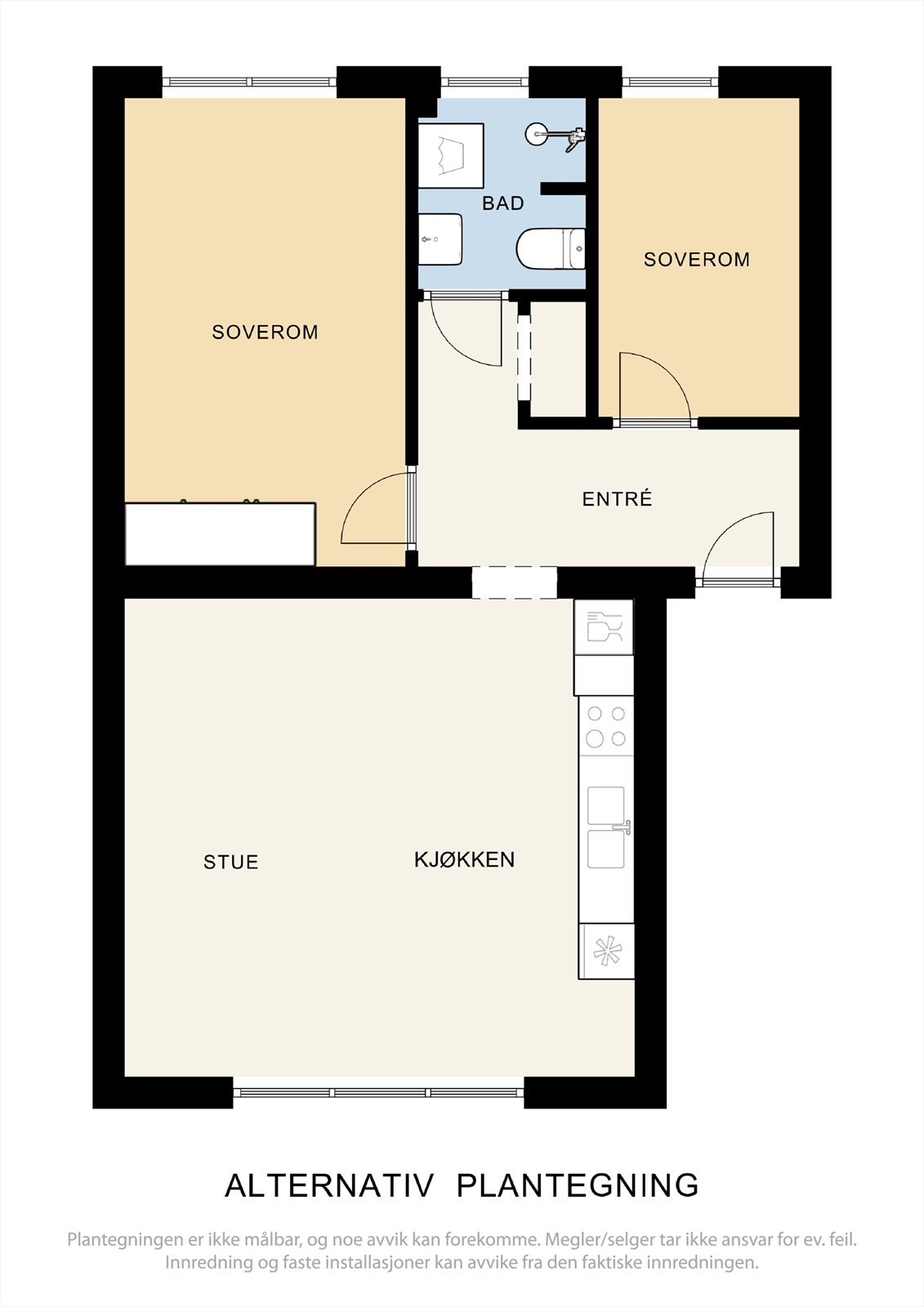 Alternativ plantegning. Ny kjøper må selv sjekke ut hva som er gjennomførbart, samt sjekke ut hva som vil være lovmessig å utføre. Dette er kun ment som en ide. Se punkt "diverse" for mer info. Galleribilde