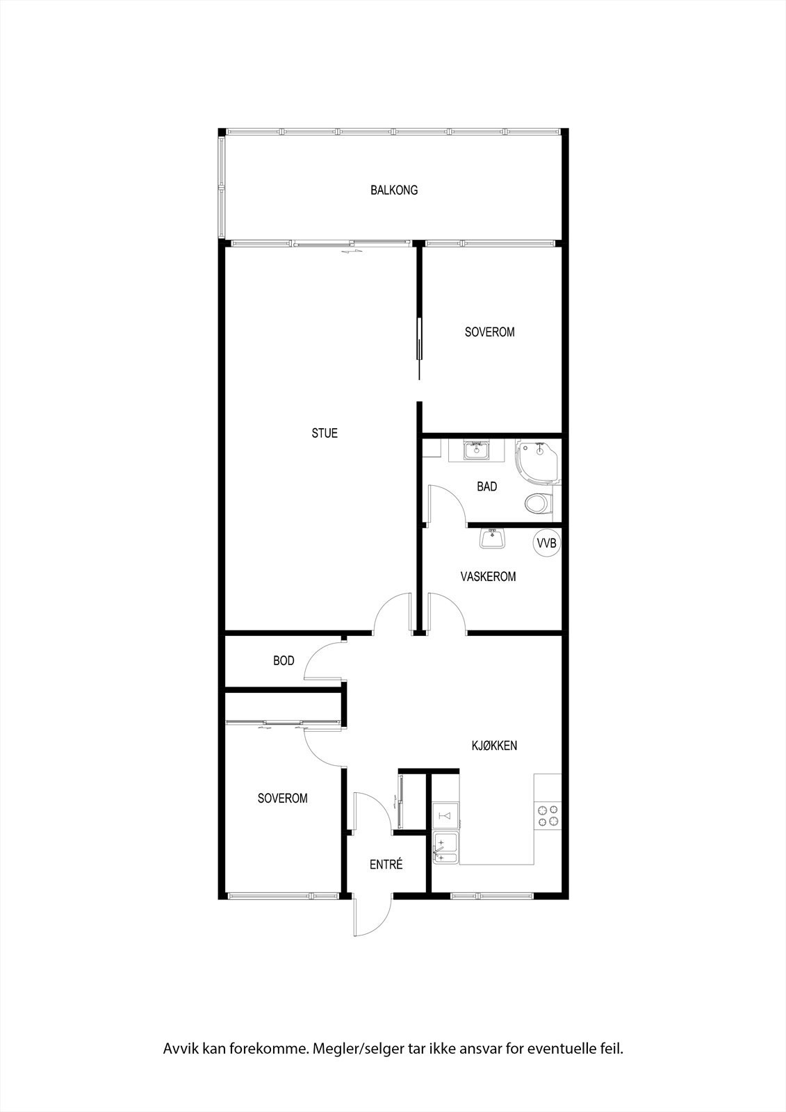 1. et.: Entré, gang, bod, 2 soverom, bad, vaskerom, kjøkken og stue m/utgang til en innglasset balkong Galleribilde