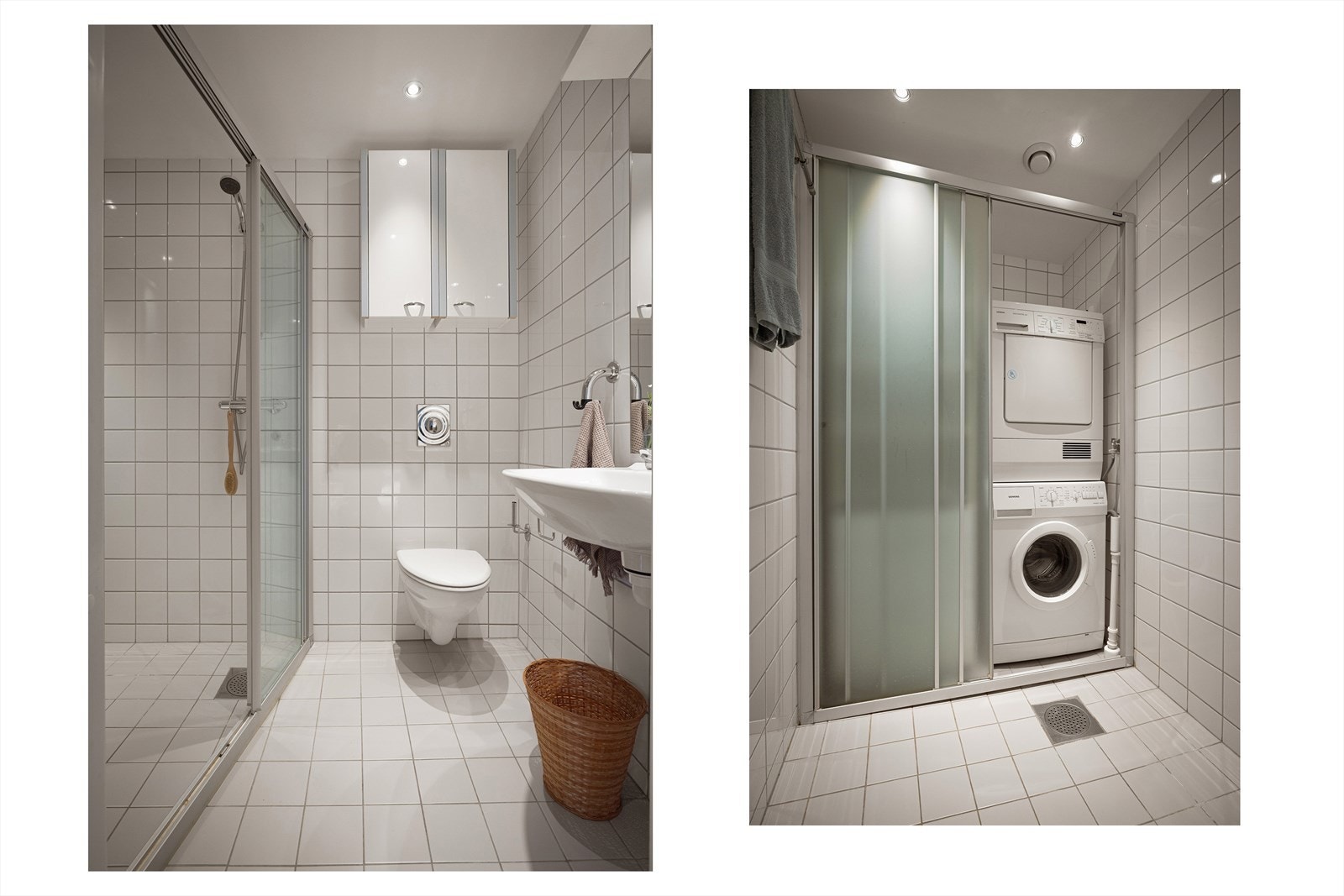 Hovedbadet (ved bibliotek) har opplegg og plass til både vaskemaskin og tørketrommel i en praktisk søyle bak skyvedører i glass. Galleribilde