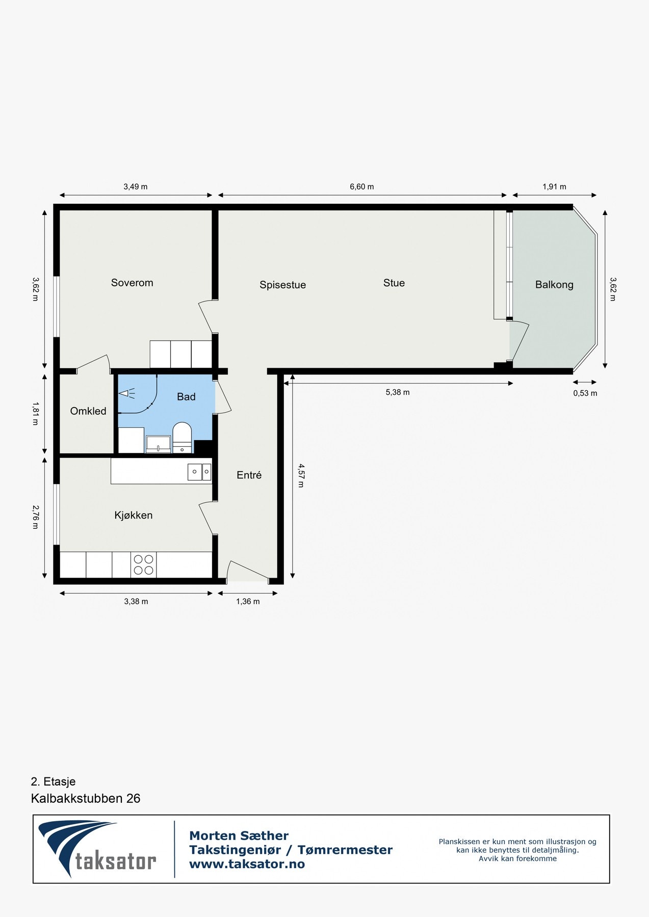 Leiligheten disponerer en loftsbod på 8,6 m² i gulvareal (skråtak) og en kjellerbod 3,3 m². Galleribilde