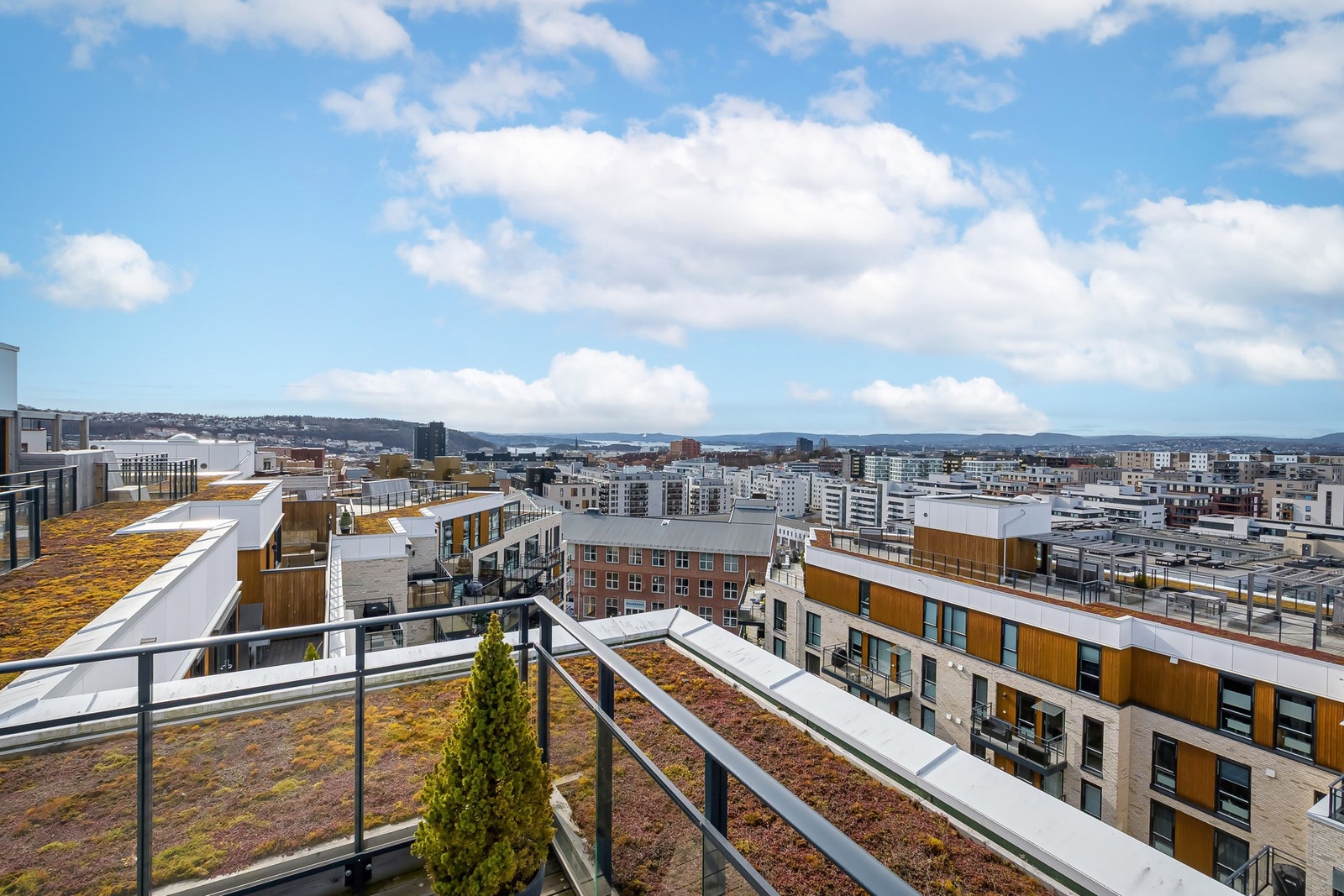 Fra takterrassen er det vidstrakt utsikt mot byen og fjorden - et fantastisk sted å nyte sol og utsyn! Galleribilde