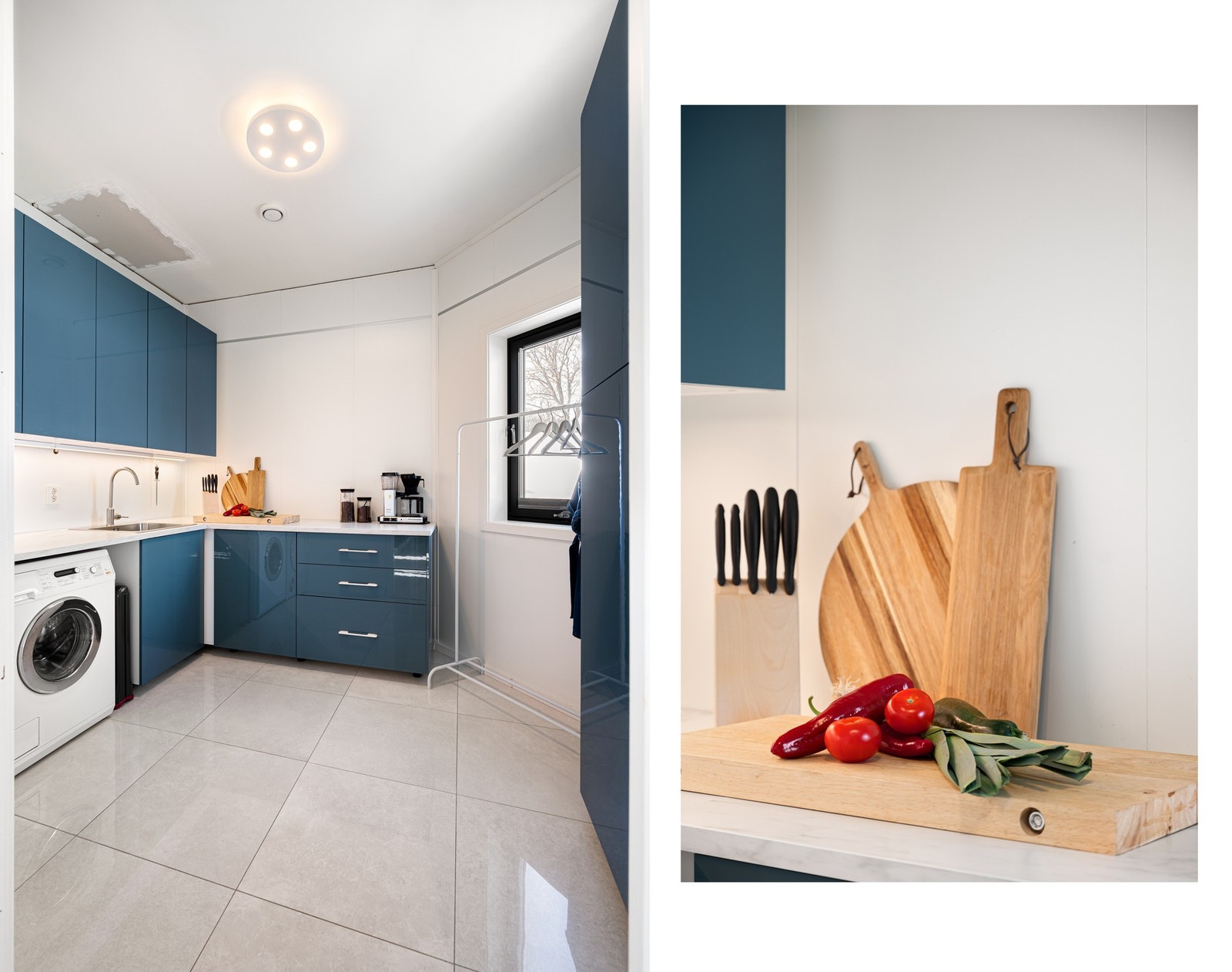 Vaskerom/grovkjøkken med praktisk innredning. NB! Taket er ferdigmalt og fargen på innredningen gjenspeiles ikke korrekt på bildene Galleribilde