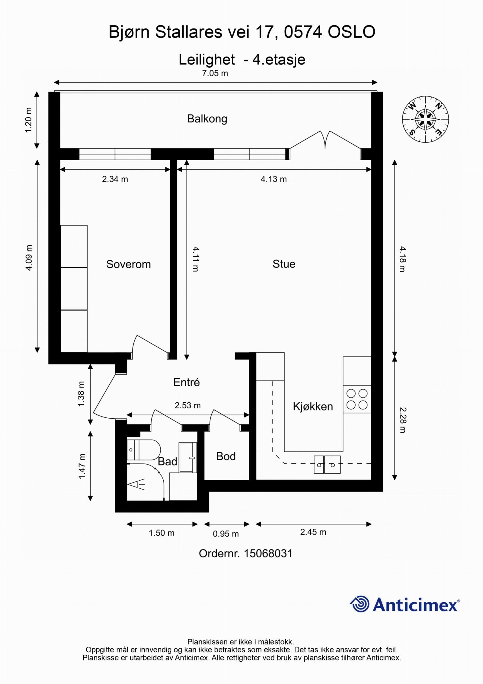 Dagens planløsning av leiligheten med kompass. Galleribilde