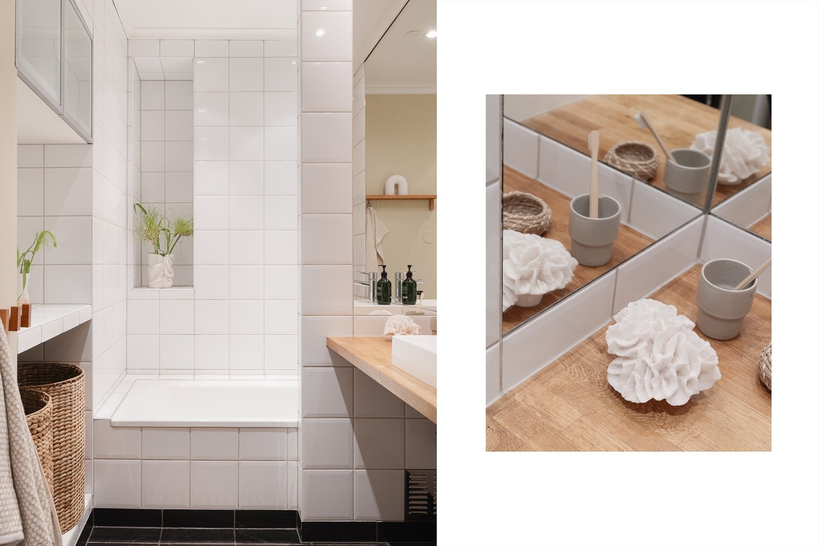 Badet er utstyrt med dusj i badekar, servant og gulvstående klosett. Varmekabler i gulv. Galleribilde