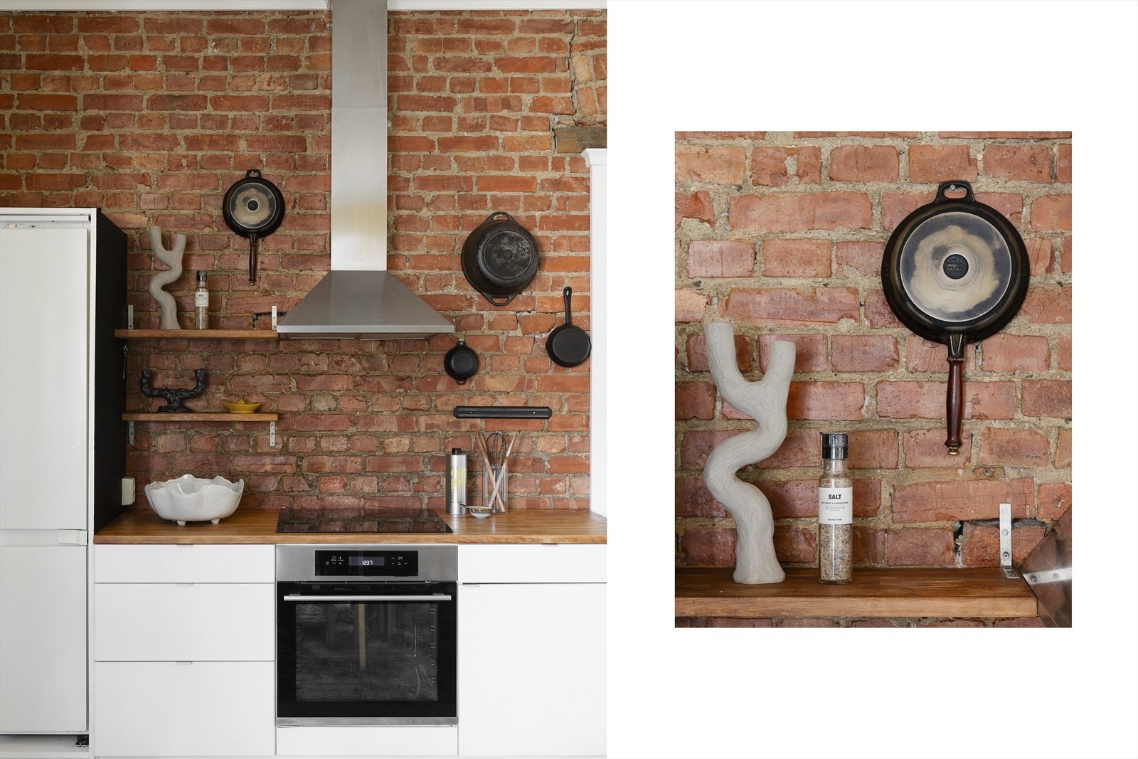 Stekeovn, keramisk topp, og kjøl/frys er integrert i innredningen. Veggmontert ventilator i stål og opplegg for oppvaskmaskin. Kjøkkenet er godt utnyttet med mye skap- og benkeplass. Galleribilde