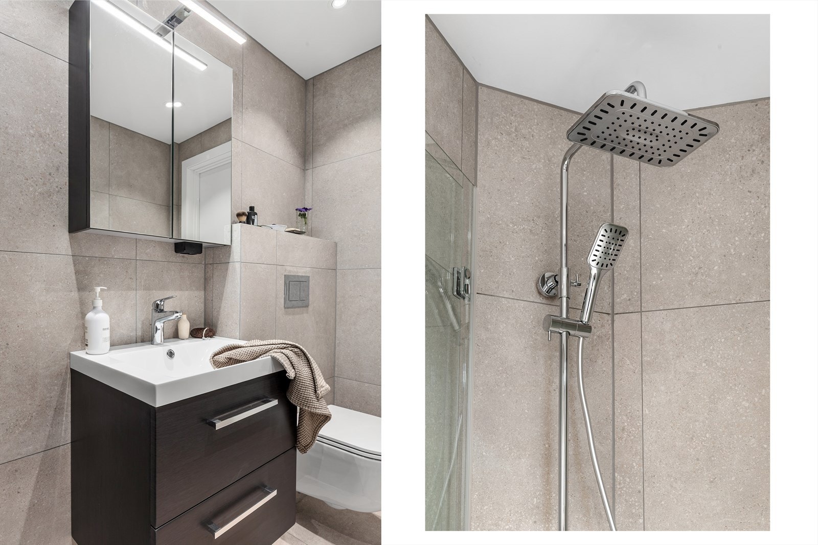 Servanten er plassert på et benkeskap med glatte fronter, og det er også overskap med speilfronter for praktisk oppbevaring. Galleribilde