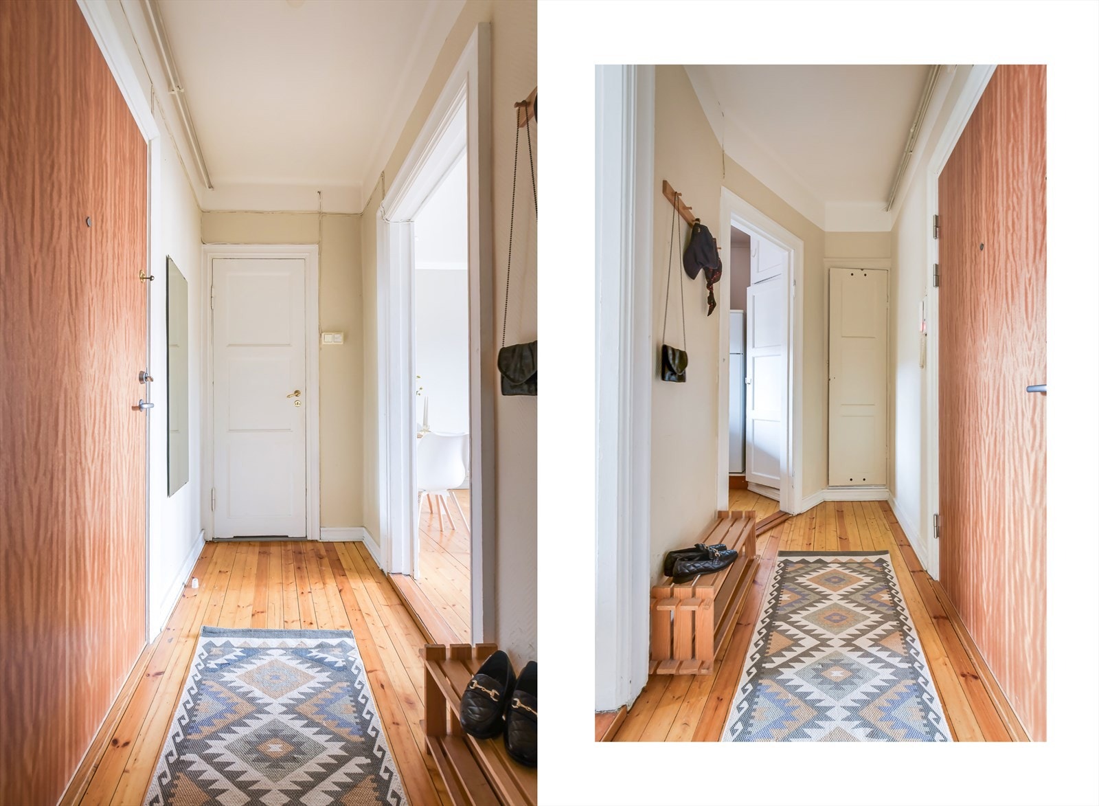 Fra felles inngangsparti tar du deg enkelt opp til leiligheten i byggets 4. etasje. Entréen er romslig, har originale tregulv og du har god plass til å henge fra deg yttertøy i den praktiske garderobeløsningen i enden av gangen. Galleribilde