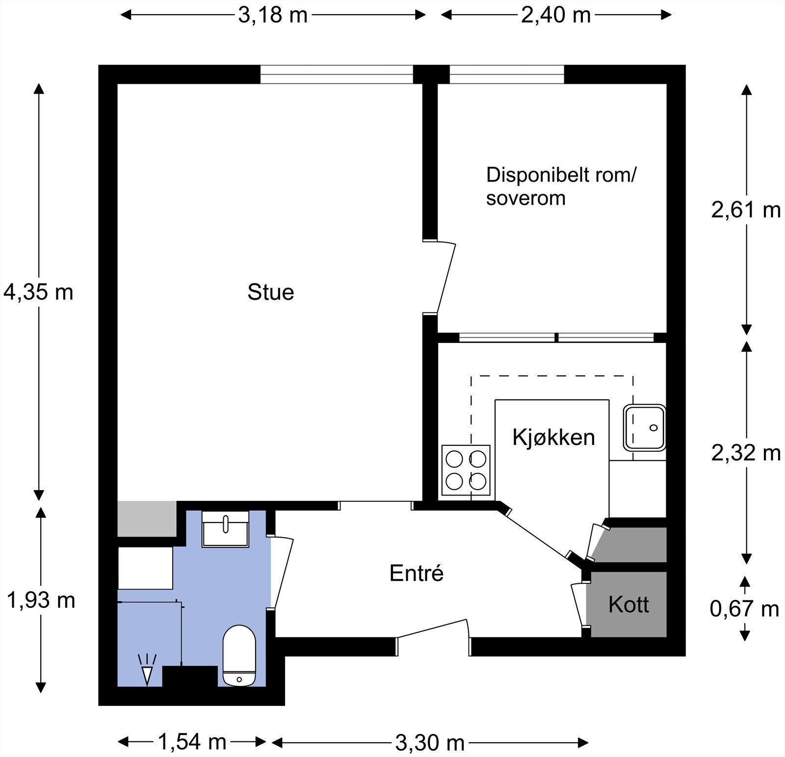 Leiligheten ligger i 4. etasje og inneholder entré, bad, kjøkken, stue og disponibelt rom/soverom. I tillegg disponerer leiligheten en kjellerbod og en loftsbod. Galleribilde