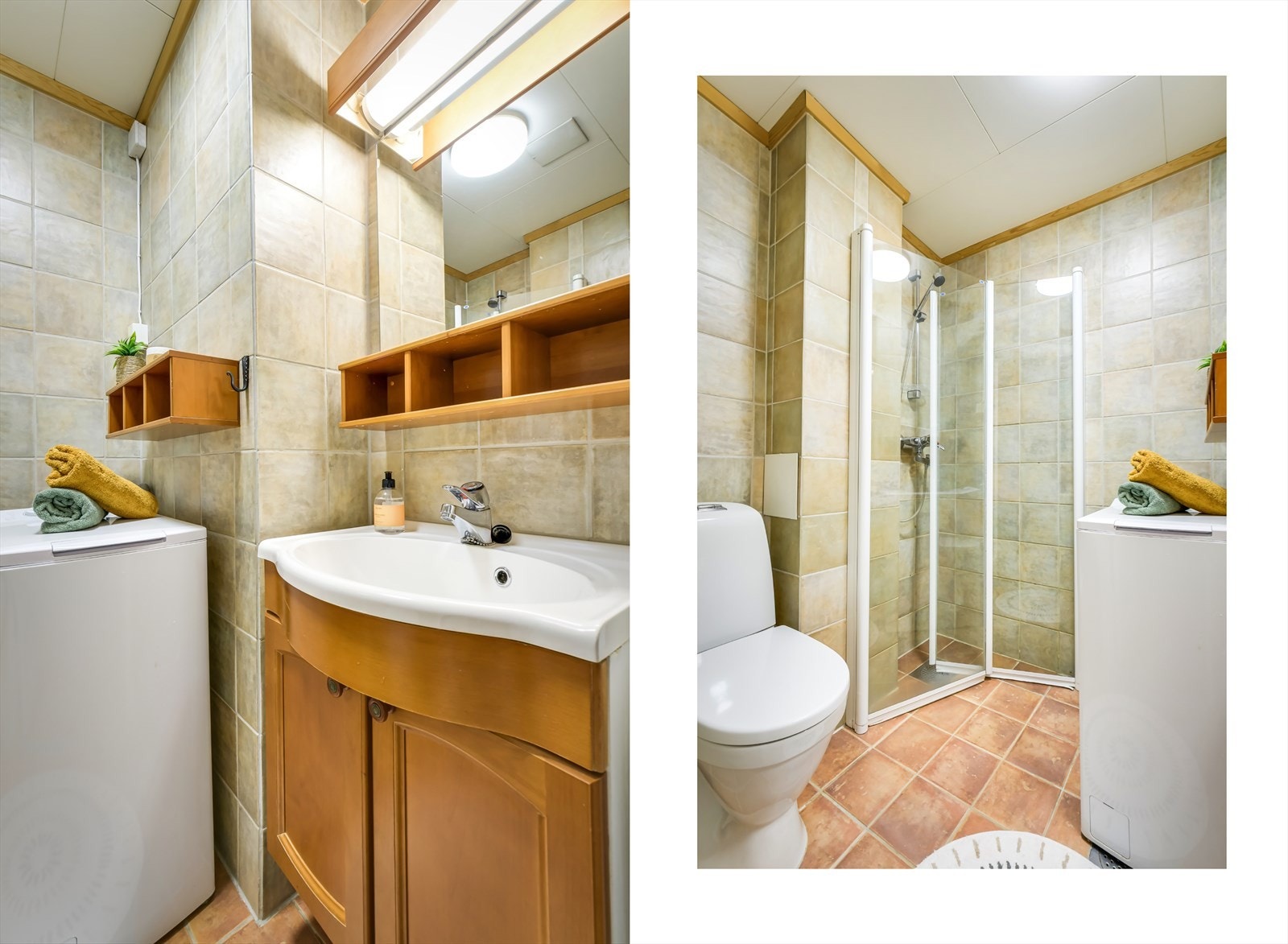 Videre består badet av gulvmontert toalett og dusjnisje med innfellbare glassdører. Galleribilde