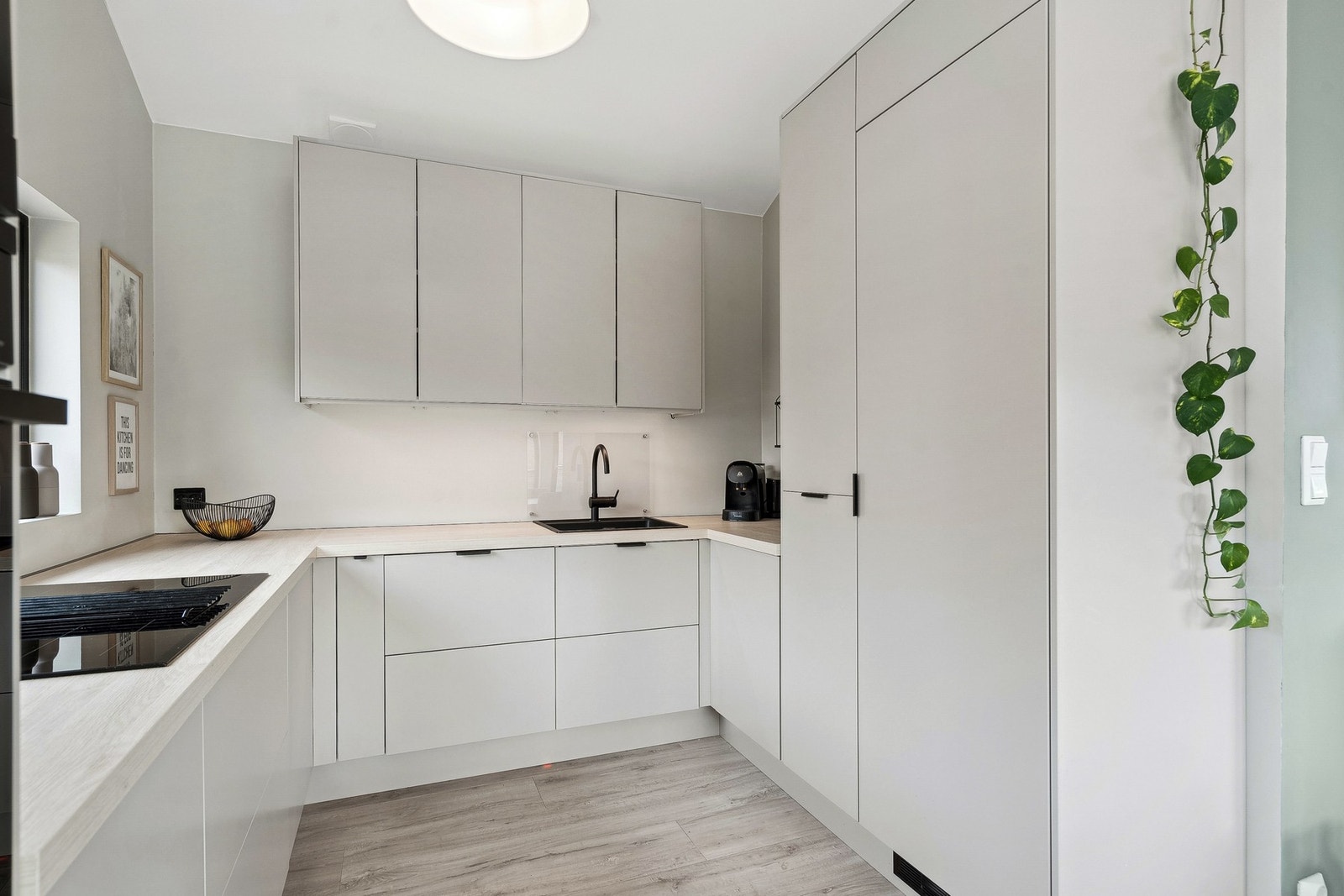 Stilrent kjøkken fra 2024. Kjøkkenet er utstyrt med kjøleskap, oppvaskmaskin, induksjonstopp, mikro og stekeovn. Galleribilde