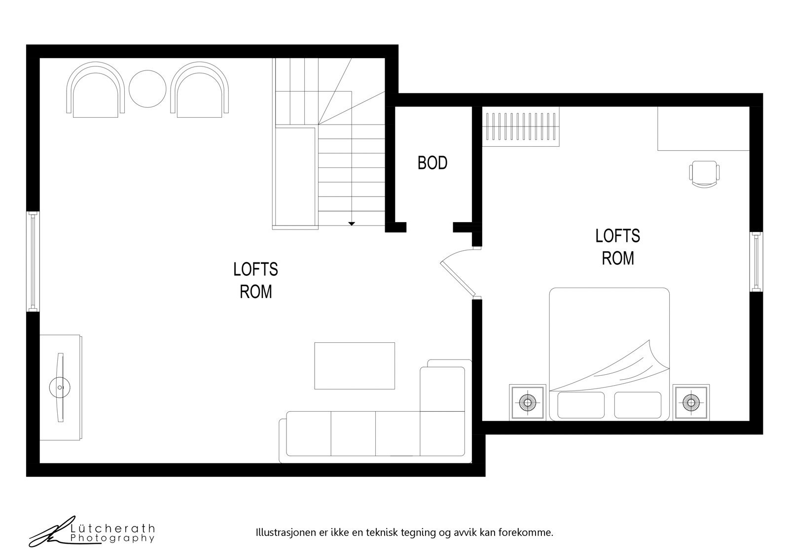 Plantegning av loft i enebolig/fritidsbolig. Galleribilde