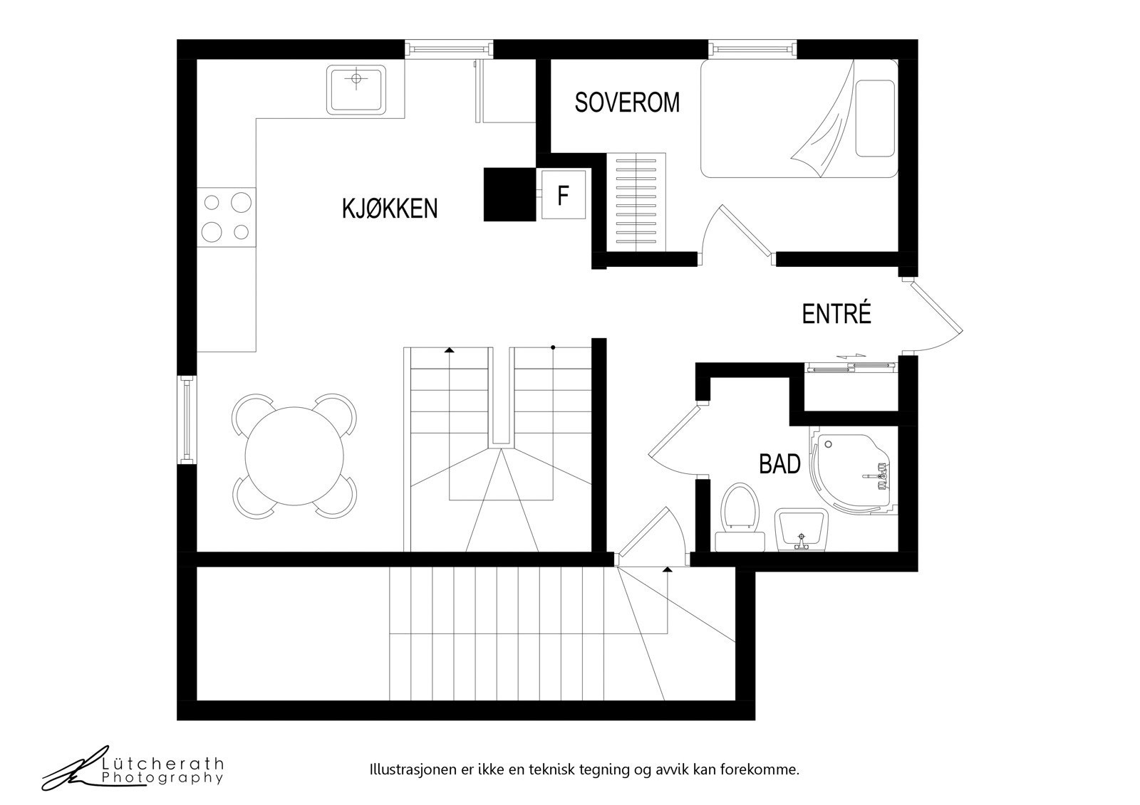 Plantegning av 1.etasje i enebolig/fritidsbolig. Galleribilde