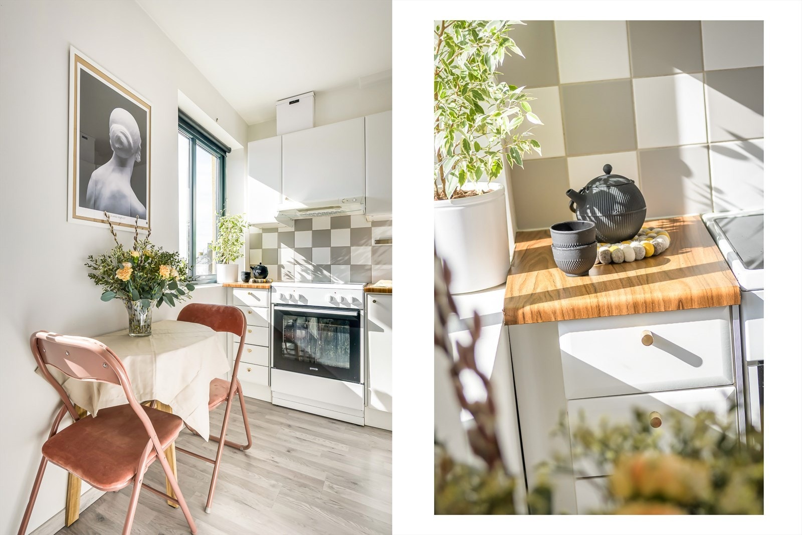 Kjøkkenet gir plass til eget spisebord. Innredningen er utstyrt med flotte mesinghåndtak. Galleribilde