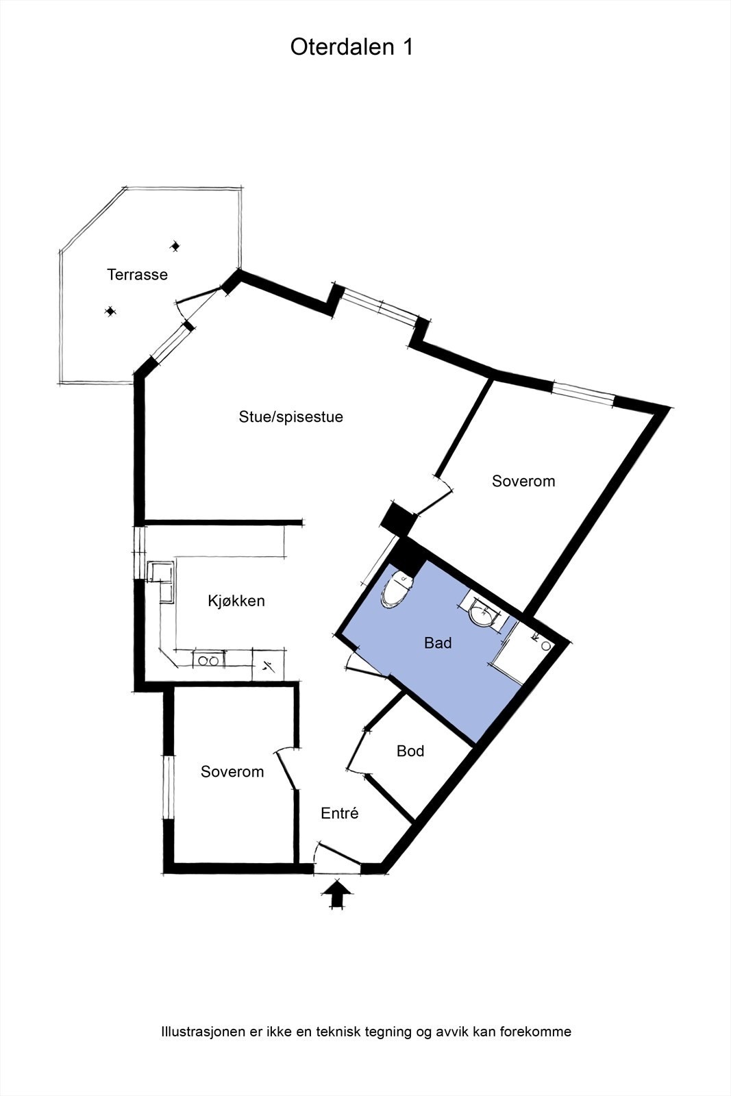 Leiligheten ligger i byggets første etasje å inneholder. Galleribilde