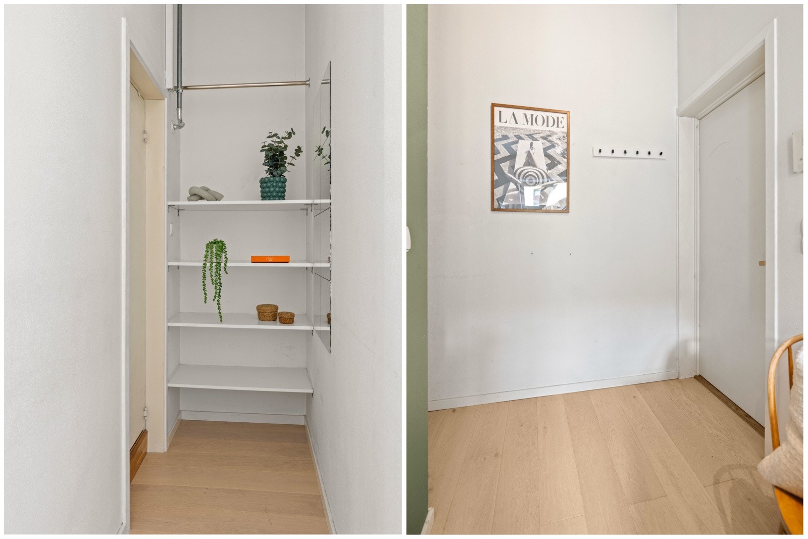 Her ønskes du velkommen inn i en lys og tiltalende gang med knaggoppgeng ved entrédør, samt plassbygget oppbevaring i enden av gangen. Galleribilde