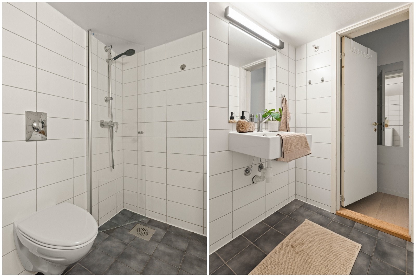 Servant med speil over. Varmekabler i gulvet og elektrisk baderomsvifte. Galleribilde