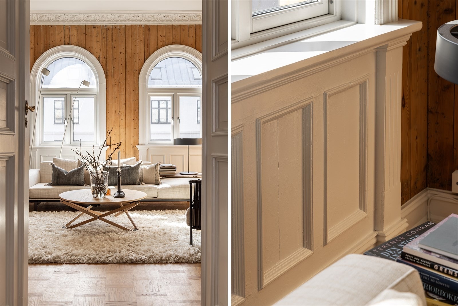 Den generøse takhøyde, stukkatur og rosett i himlingen, de to-fløyede dørene understreker det herskapelige uttrykket. Leiligheten har ivaretatte detaljer som brystninger under vinduene og originale paneler på vegg Galleribilde