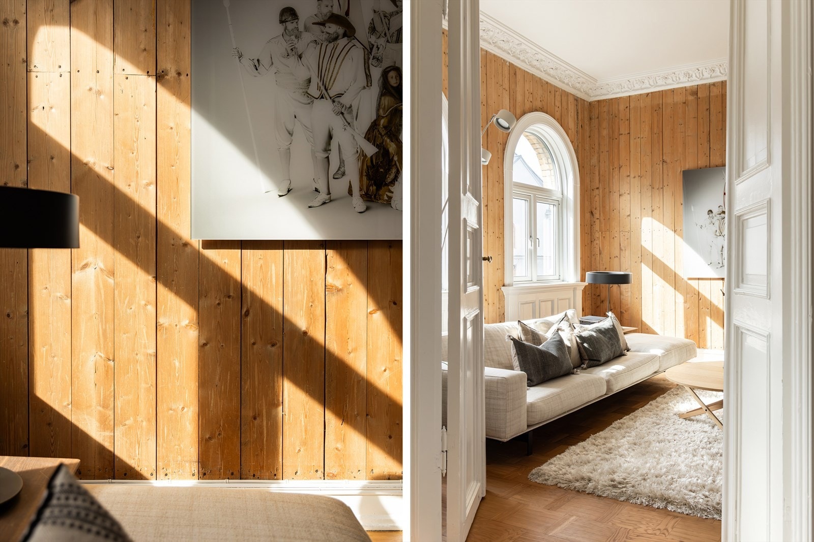 Leiligheten imponerer med en unik planløsning som inkluderer to sammenhengende stuer samt et romslig soverom som alle er, adskilt av originale doble fløydører. Galleribilde