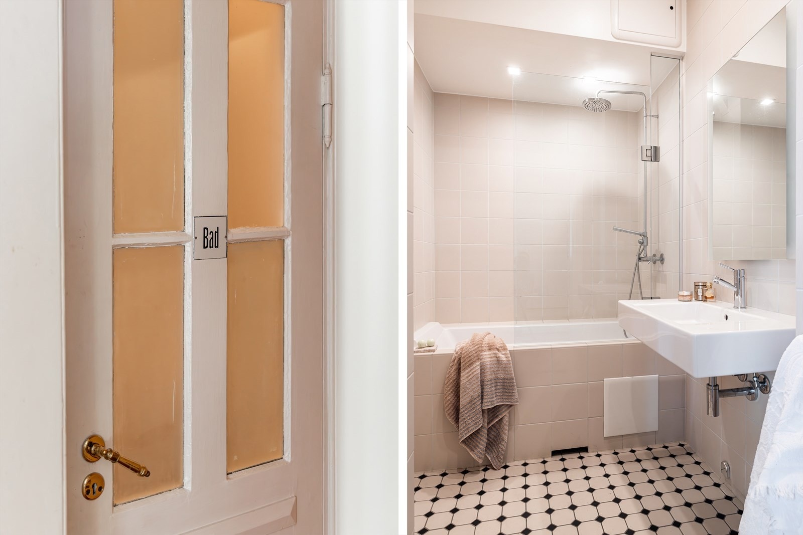 Pent, flislagt bad med innfelt badekar og innfellbar dusjdør. Baderommet har delikat og tidløst materialvalg. Galleribilde