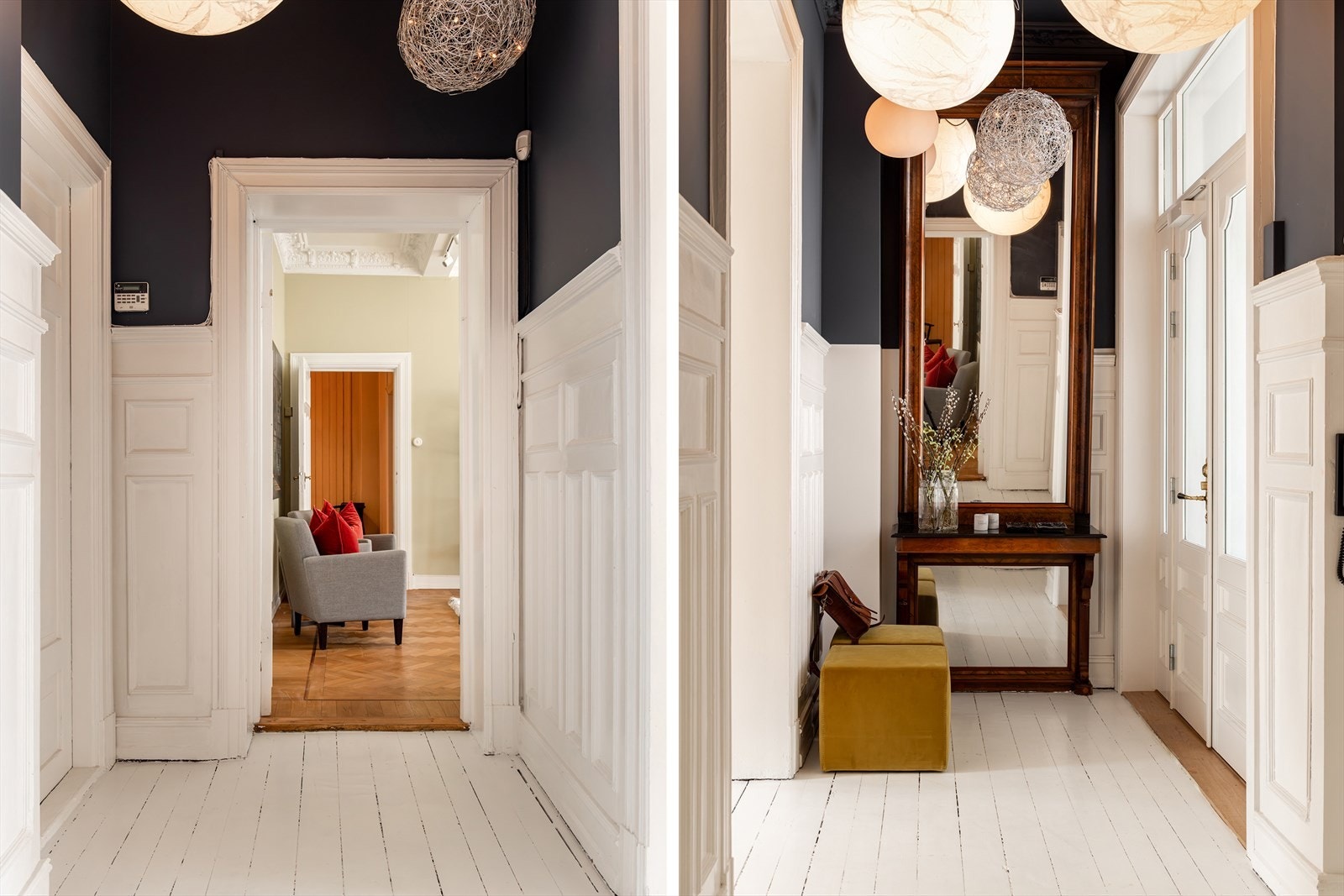 Boligens entré gir et godt førsteinntrykk, med sin høye himling og klassiske detaljer. Den vakre speilkonsollen som er en original fra 1895 medfølger i handelen. Galleribilde