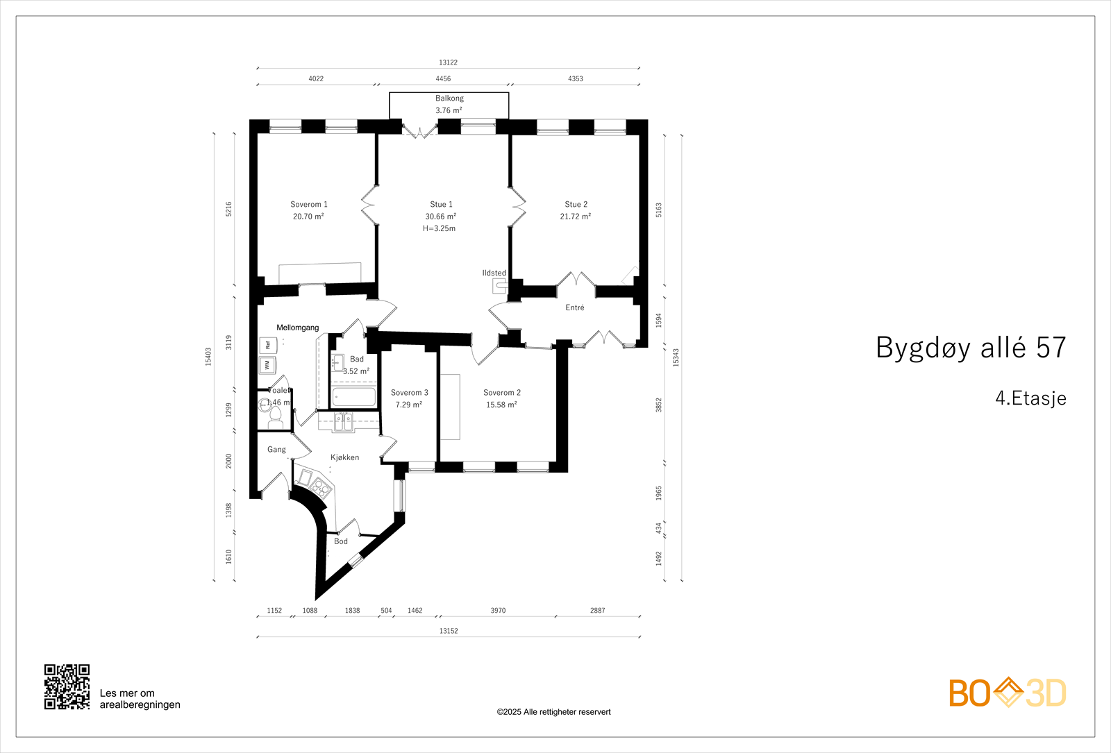 Plantegning, 4. etasje. I tillegg eier leiligheten halvparten av råloftet over leiligheten. Galleribilde