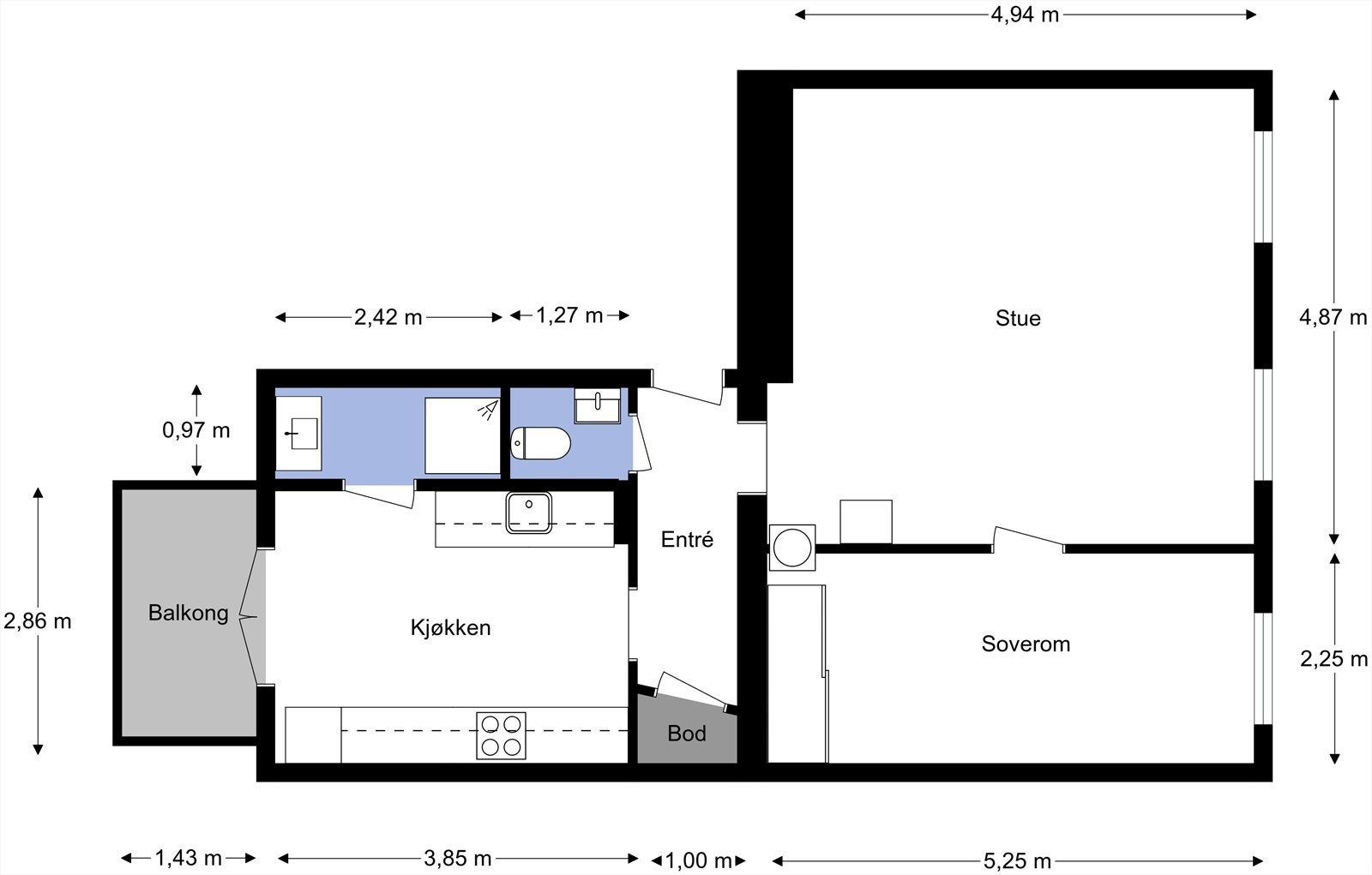 Plantegning utarbeidet av takstmann. Leiligheten inneholder entré, bad og wc-rom, soverom, stue og kjøkken. Fra kjøkken har du i tillegg utgang til en herlig balkong. Galleribilde