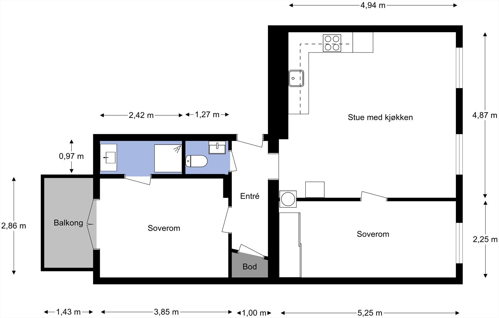 Alternativ plantegning dersom man ønsker å gjøre om leiligheten til en 3-roms. Galleribilde