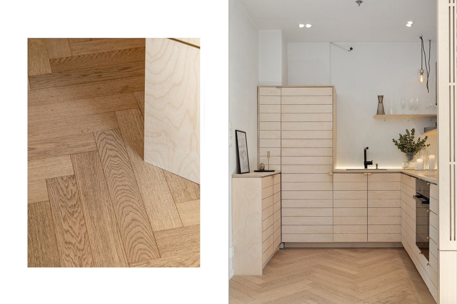 Det er lagt gjennomgående fiskebensparkett som gir en elegant helhet til boligen. Galleribilde