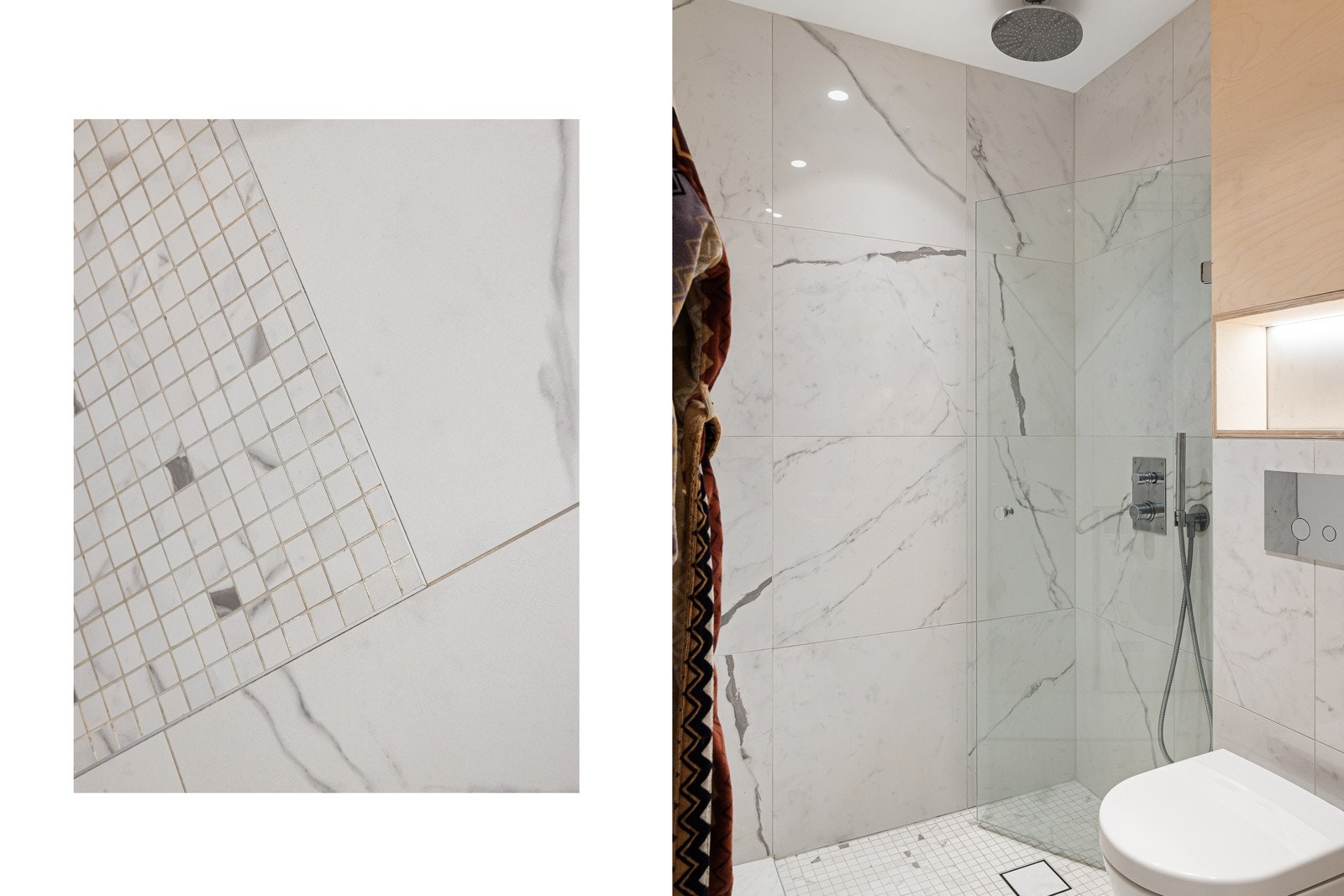 Dusjen har både hånddusj og takmontert regnfallsdusj med termostatstyrt dusjbatteri i krom. Galleribilde