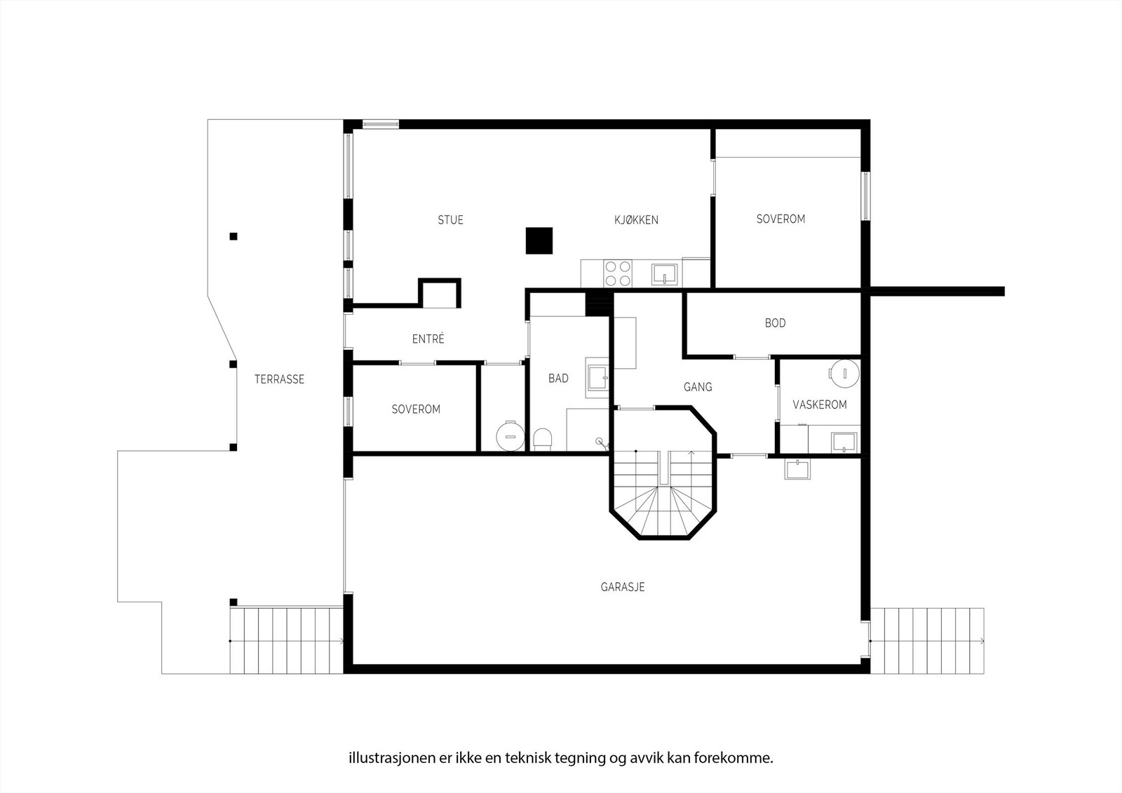 Plantegning sokkel / kjeller etasje. En veldig kjekk løsning med stor garasje som har direkte adkomst inn i huset. Galleribilde