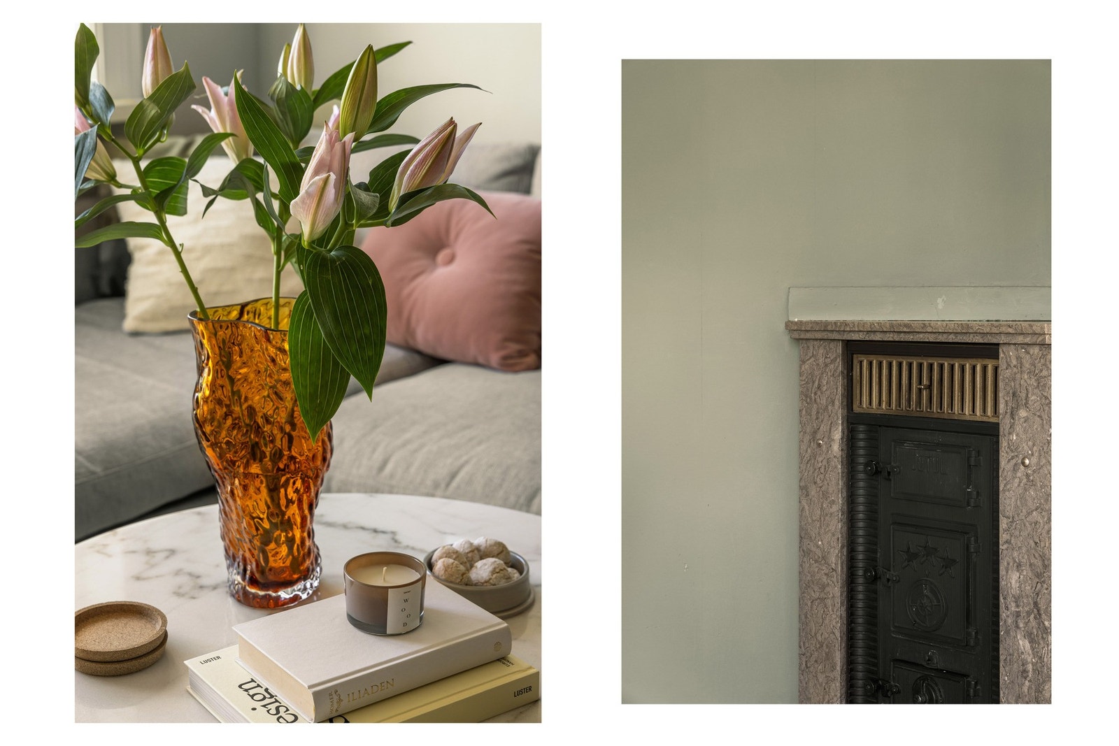 Kaminen er hyggelig å ha på kjølige dager. Borettslaget rehabiliterte pipeløp i ca. 2016. Galleribilde