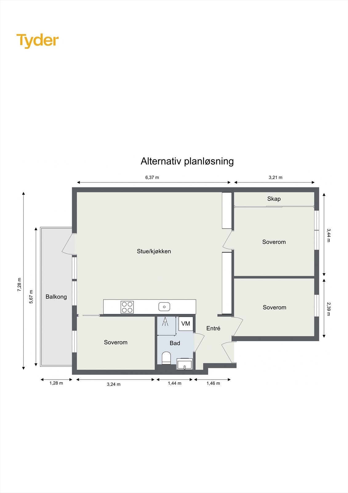 Alternativ planløsning for etablering av et tredje soverom. Galleribilde
