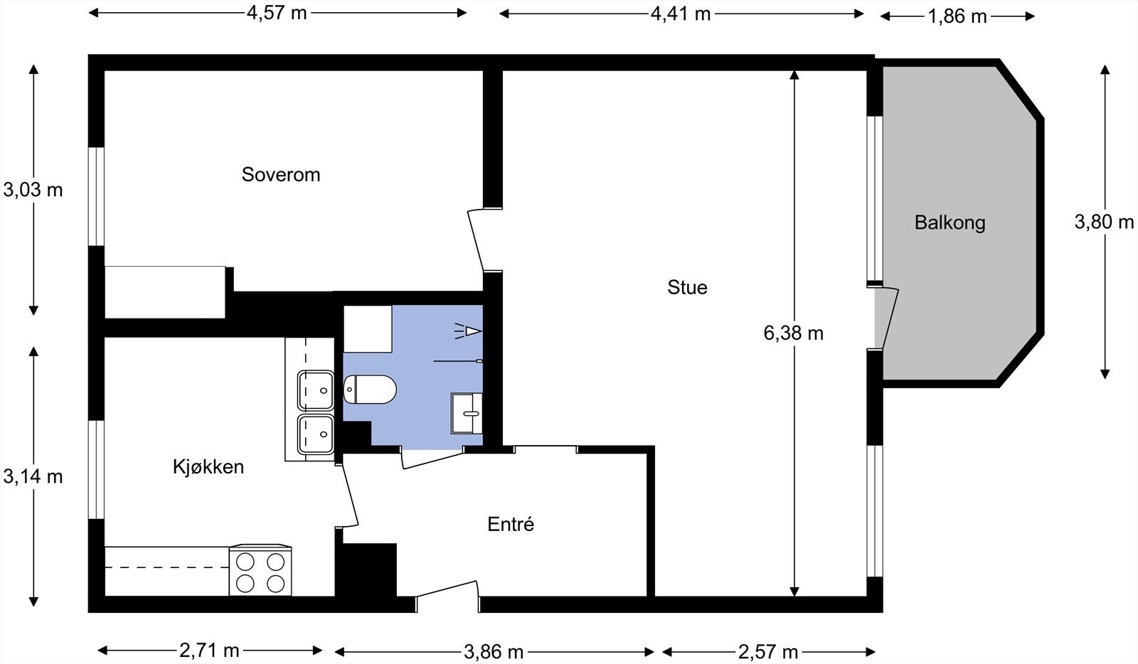 Leiligheten ligger i byggets 4. etasje og inneholder entré, kjøkken, bad, soverom og stue med utgang til balkong. I tillegg disponerer leiligheten én kjellerbod og én loftsbod. Galleribilde