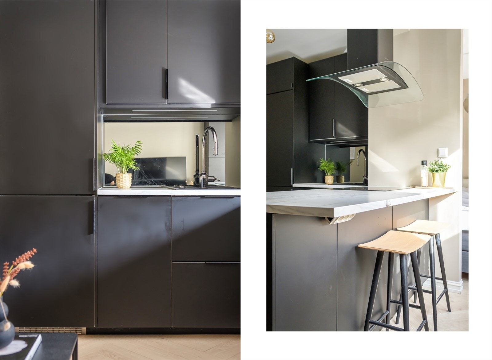 Tidløst og pent kjøkken fra 2018. Innredningen har sorte glatte fronter, laminert benkeplate med kompositt oppvaskkum og speil over benk. Galleribilde