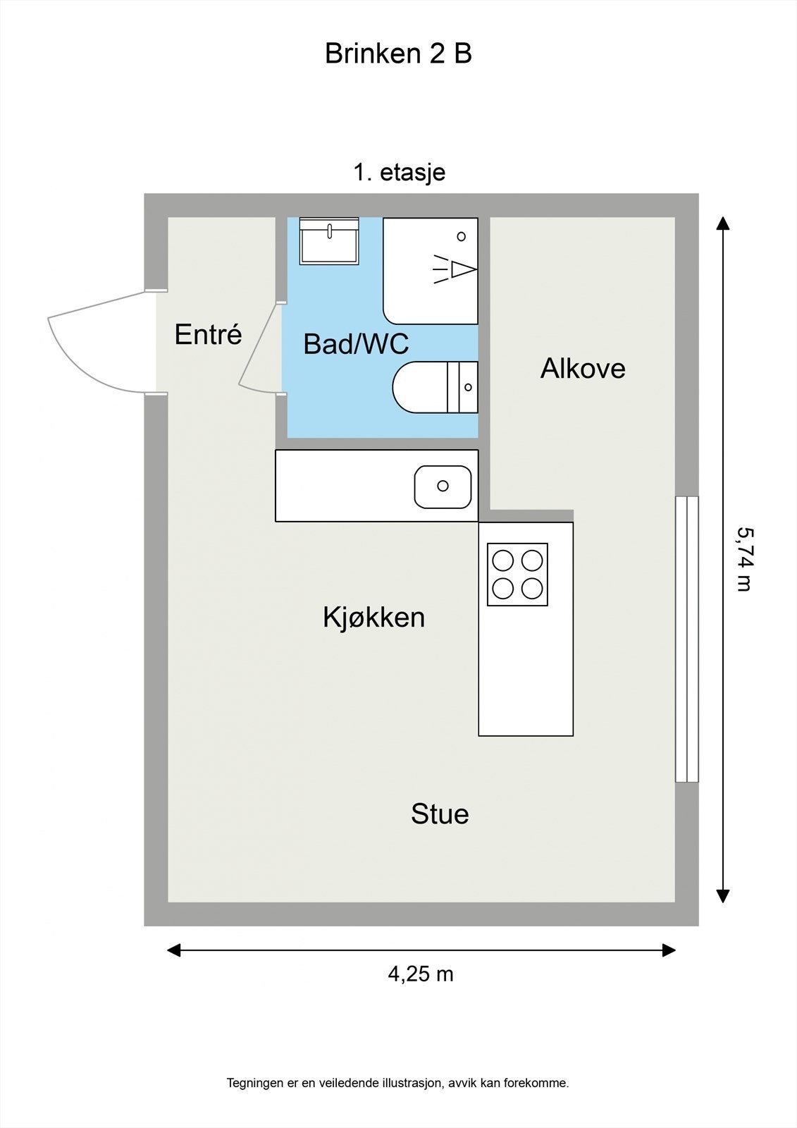 Leiligheten inneholder entré, åpen stue- og kjøkkenløsning, sovealkove og bad. I tillegg disponerer leiligheten en bod i kjelleren. Galleribilde