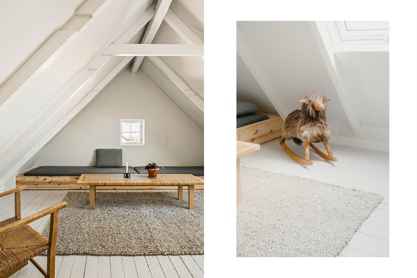 Nåværende eier bruker loftet som gjesteværelse. Den plassbygde sofaen er bygget rundt to enkeltsenger. Galleribilde