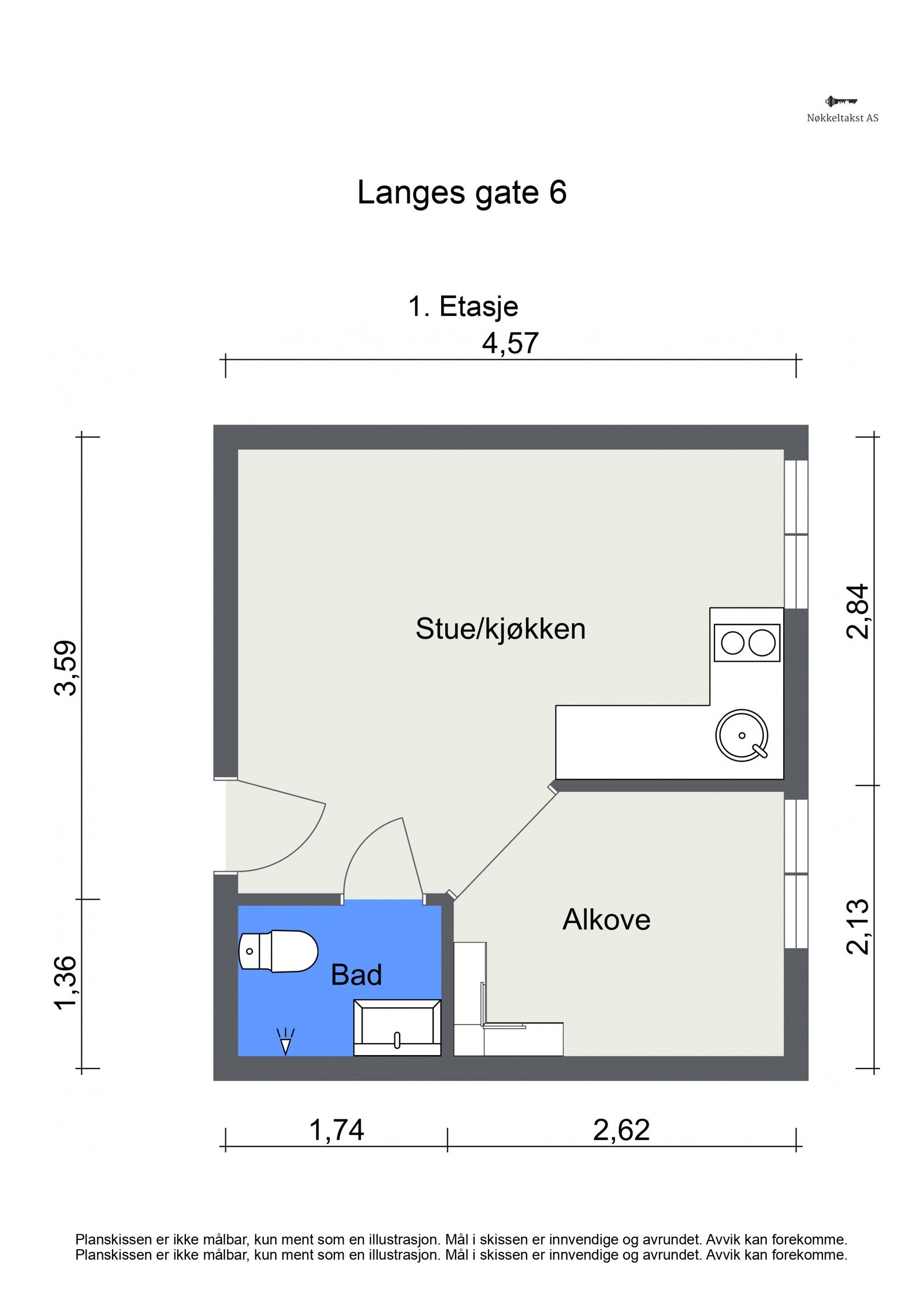 Langes gate 6 (23 kvm) består av entré, åpen kjøkken- og stueløsning, sovealkove (som med enkle grep kan gjøres om til soverom) og baderom. To kjellerboder. Galleribilde