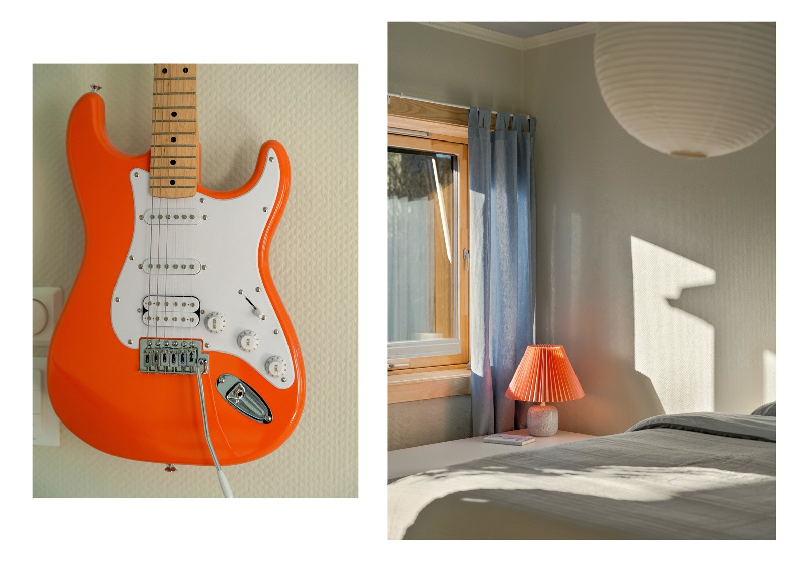 Dette har jo ikke så mye med leiligheten å gjøre, men for de som vil være rockestjerne på soverommet er det vel lite som passer bedre enn en oransje Stratocaster? Galleribilde