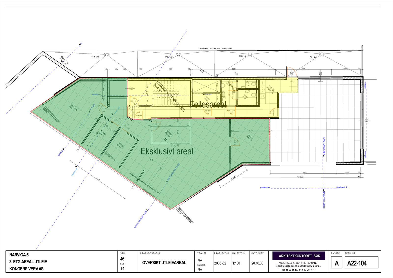 Plantegning som viser eksklusivt areal og fellesareal i 3. etg Galleribilde