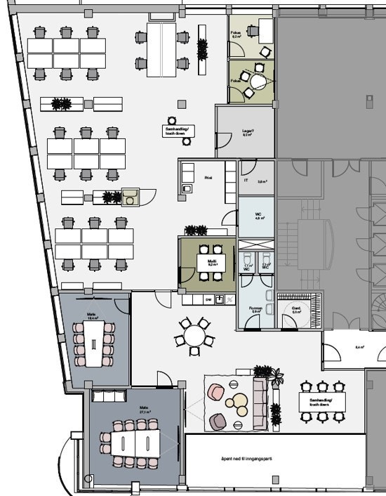 Forslag til alternativ løsning med åpent landskap og eksternsone for besøkende i 2 etg. Galleribilde