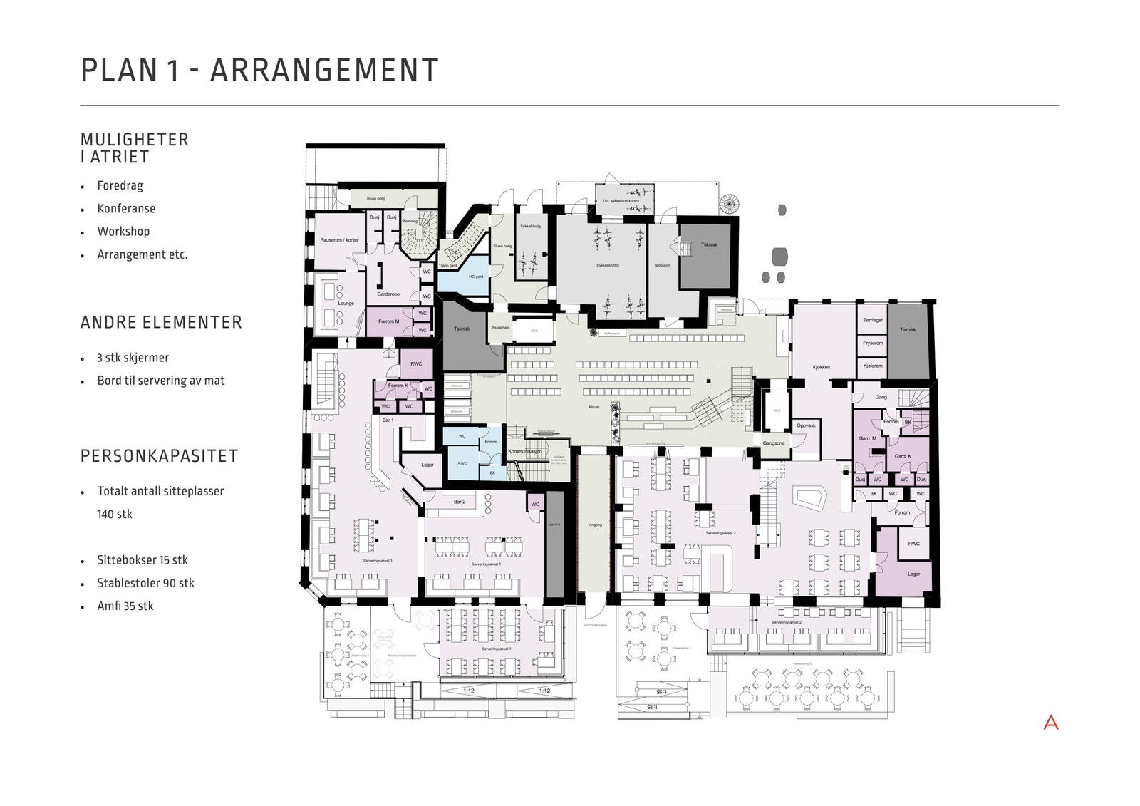 Plan 1- Atriet med oppsett for å bli et møtestedet tilrettelagt for å enkelt kunne tilpasses en rekke formål, fra store frokostmøter og workshops til sosiale sammenkomster og feiringer. Galleribilde