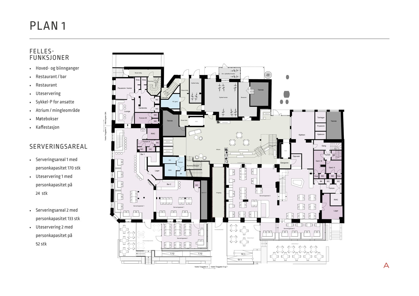Plan 1 - Her kommer restaurant med uteservering. atriet, sykkelparkering etc. Galleribilde