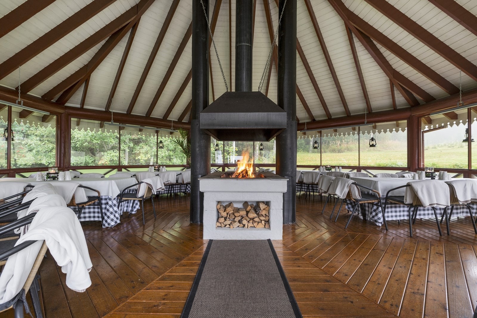 Paviljongen er innglasset, og har varmelamper og peis, så her finnes både skygge og varme Galleribilde