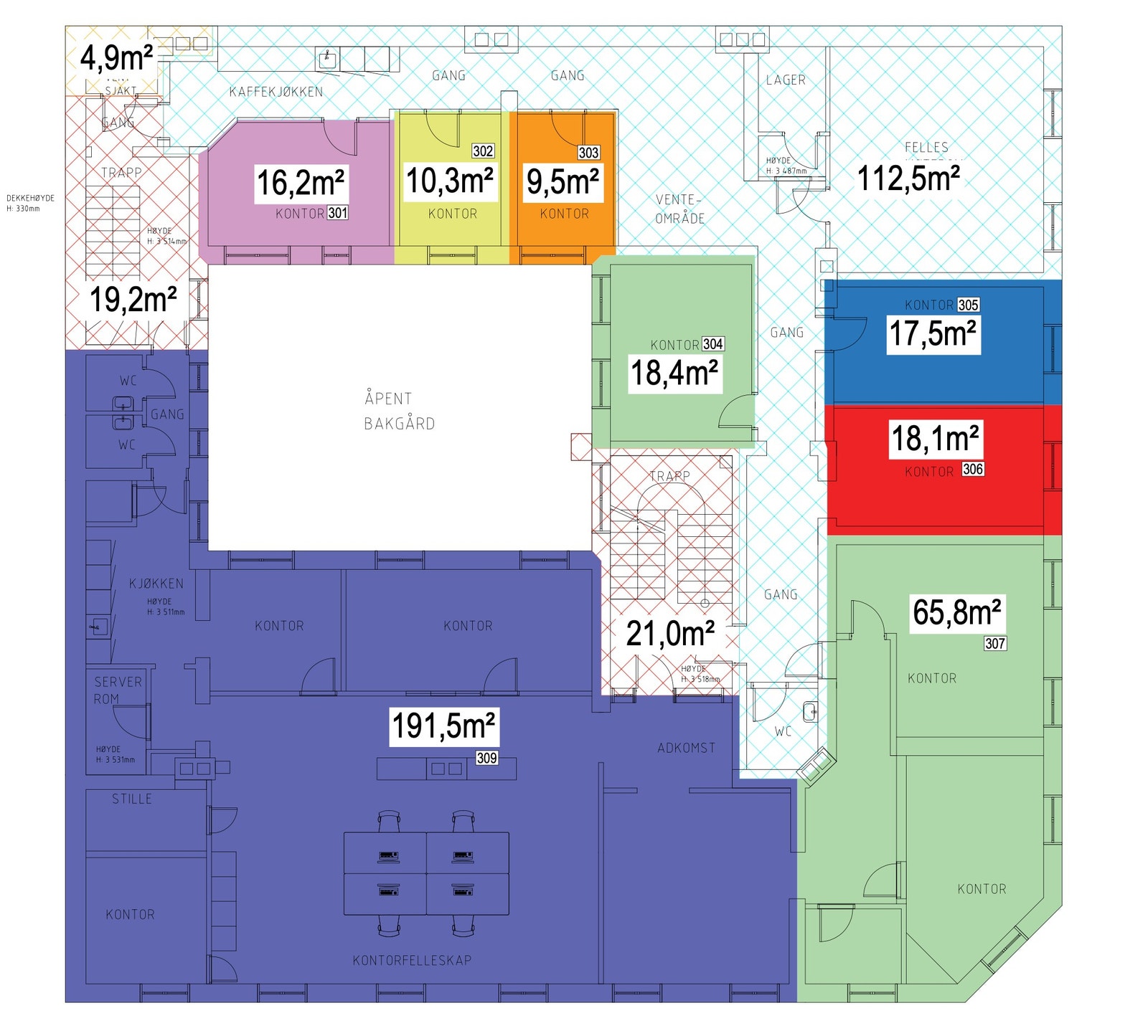 3. etg. areal 307 (lysegrønt areal) ledig Galleribilde