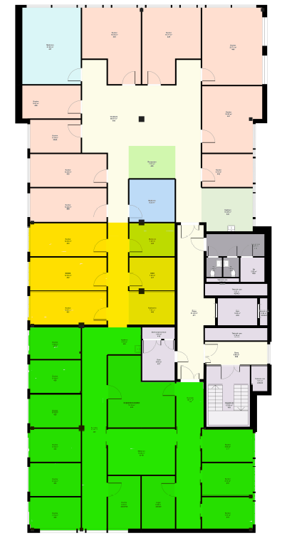 Plantegning hvor det grønne arealet er det som primært ønskes utleid. Det er dog mulig å øke arealet på bakre del med arealet markert med gult. Galleribilde