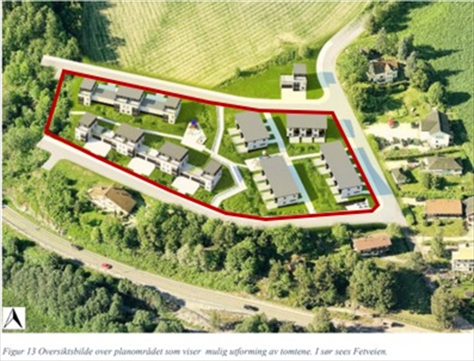 Illustrasjon fra Asplan Viak som viser en mulig utforming av tomten: Konsentrert småhusbebyggelse med ca. 25 enheter (10 stk. eneboliger i kjede + 15 stk. boliger i rekke).
35 stk. p-plasser, hvorav 20 stk. i carport og 15 stk. under bakken. Galleribilde