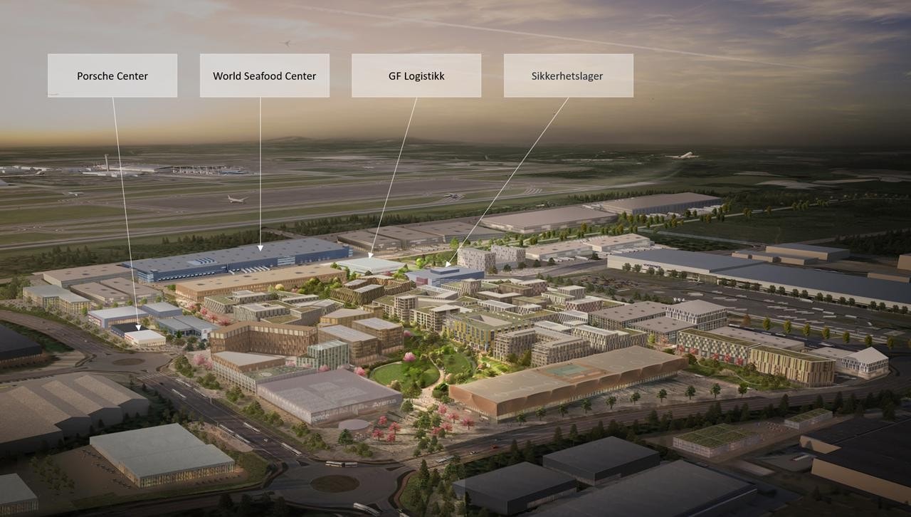 Illustrasjon av område og eksiterende bygg, herunder Porsche Center, World Seafood Center, GF Logistikk og sikkerhetslageret Galleribilde
