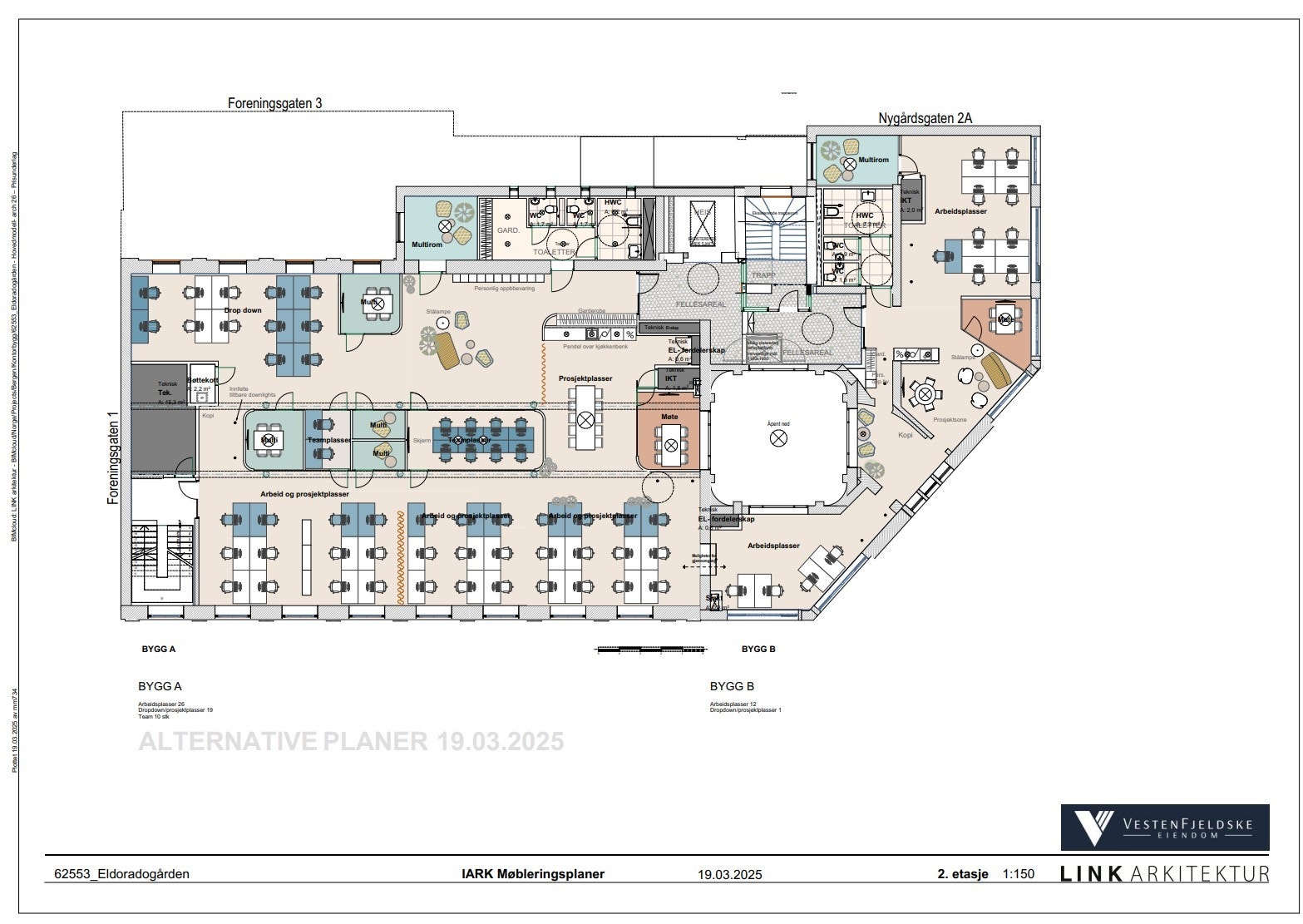 Totalt 959 m2 med muligheter for 54-84 kontorplasser
Kan deles inn:
Kontor A = 683 m2 = 42-68 kontorplasser
Kontor 2 = 300 m2 = 12-16 kontorplasser Galleribilde