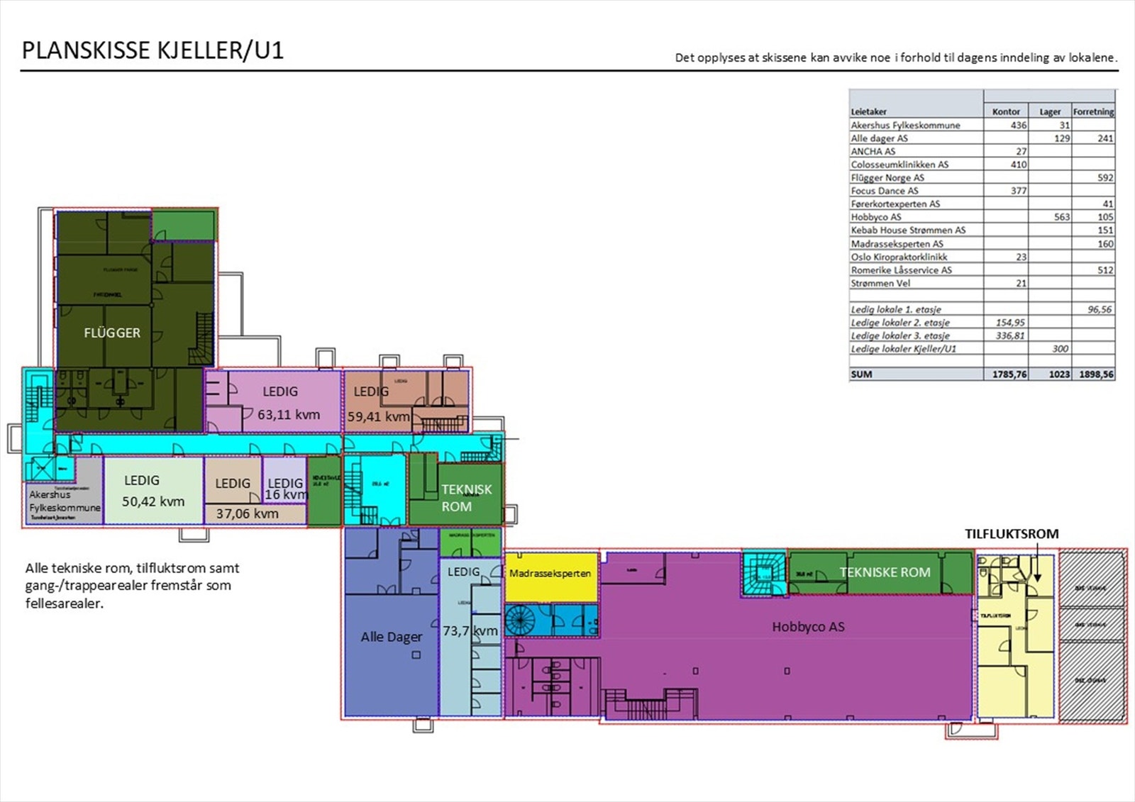Planskisse kjeller - inndelt med leietakere. Galleribilde